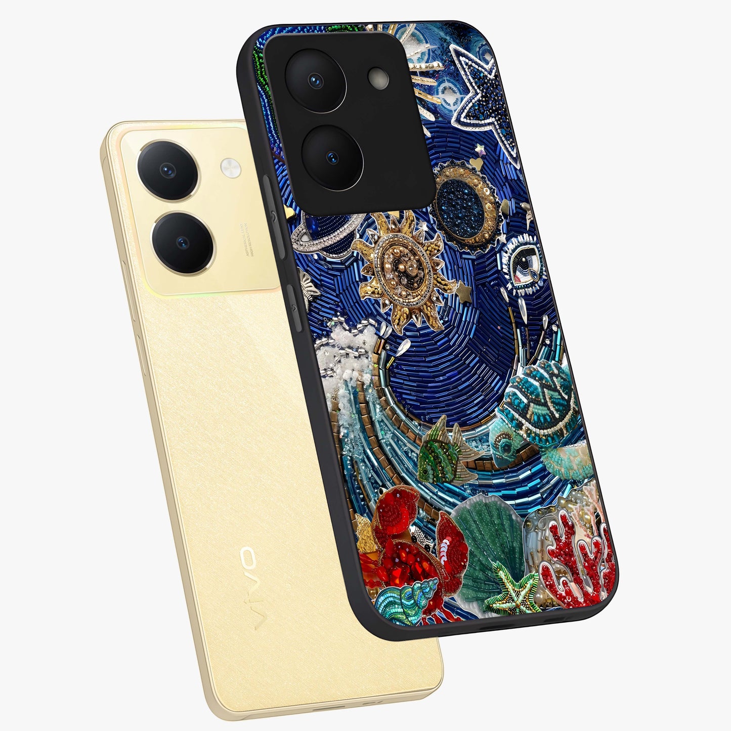 Universe Underwater Spark Glass Case displayed in angled mockup highlighting glowing aquatic design with celestial aesthetic.