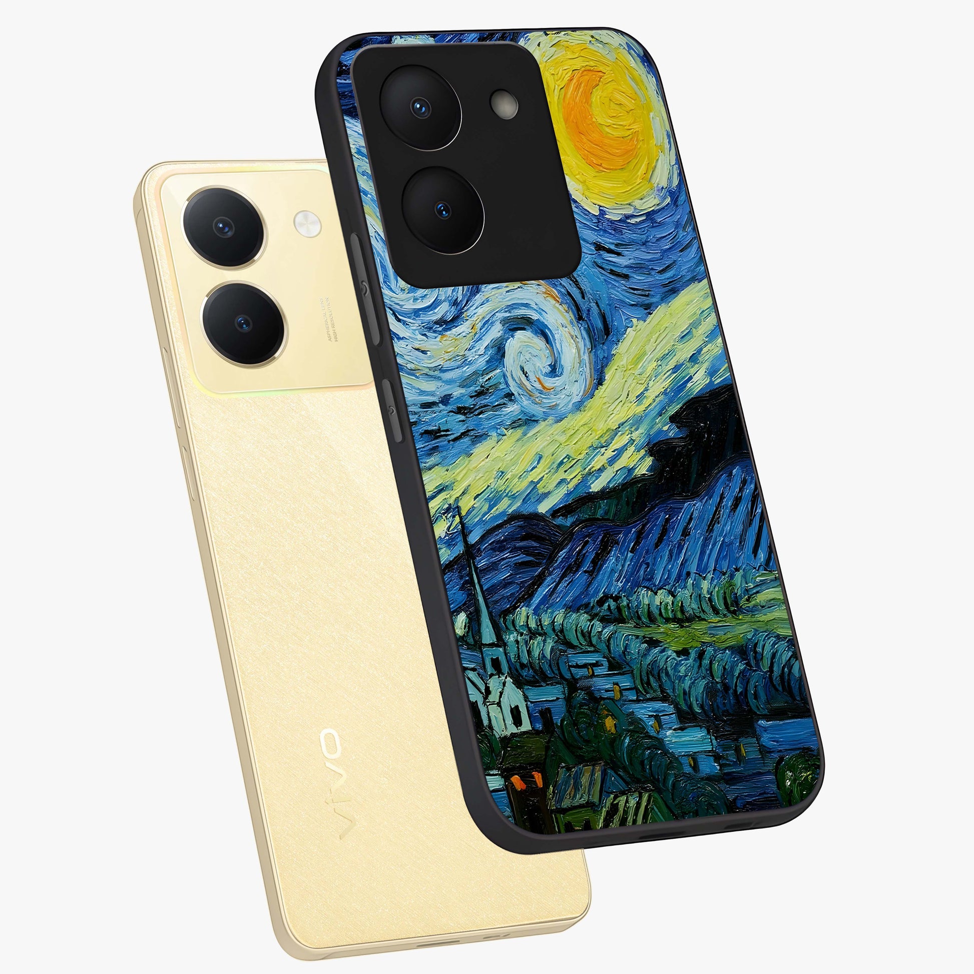Van Gogh Art Glass Case displayed in angled mockup highlighting swirling brushstroke design with artistic aesthetic.