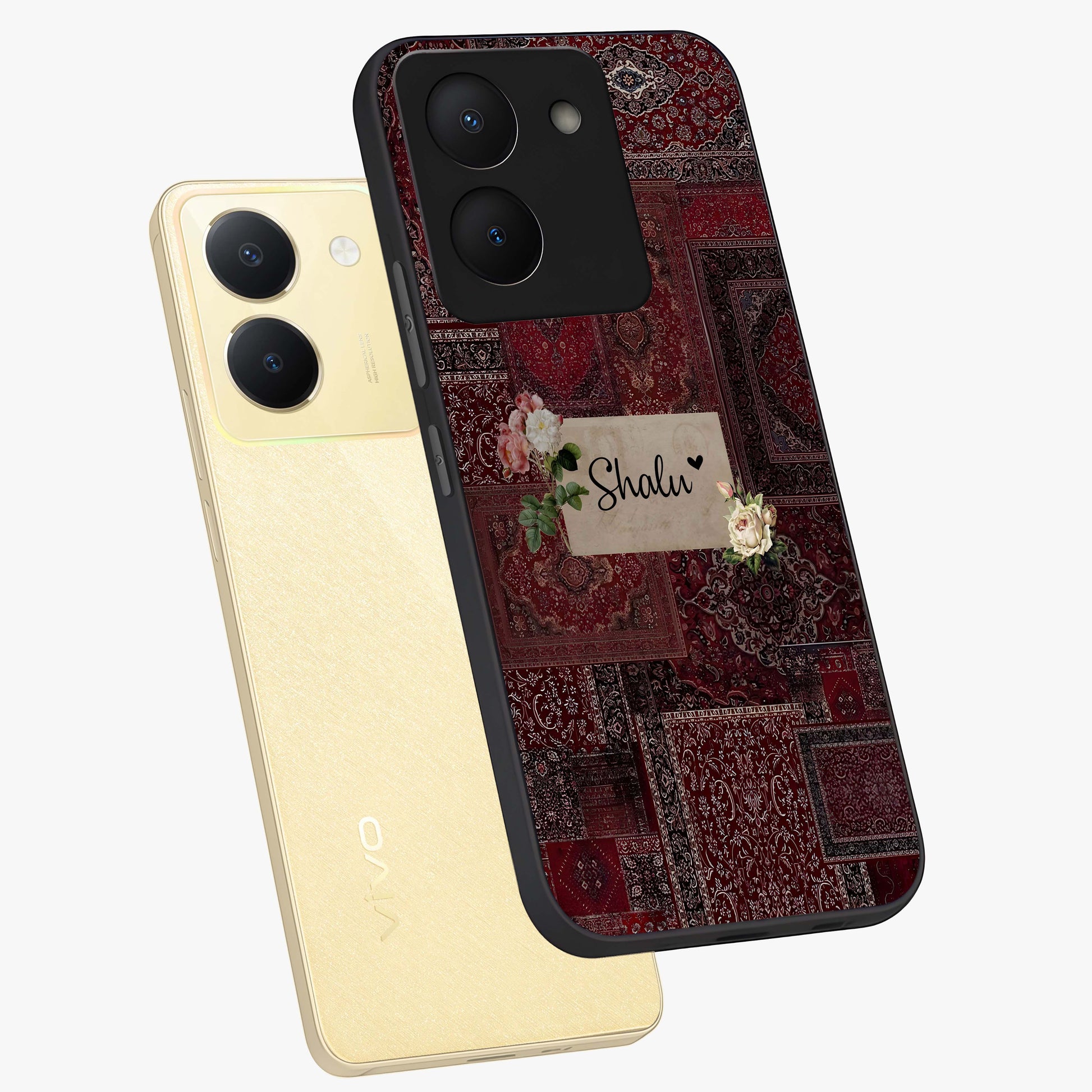 Velvet Wine Pattern Custom Name Glass Case displayed in angled mockup highlighting decorative velvet inspired design with custom name feature.