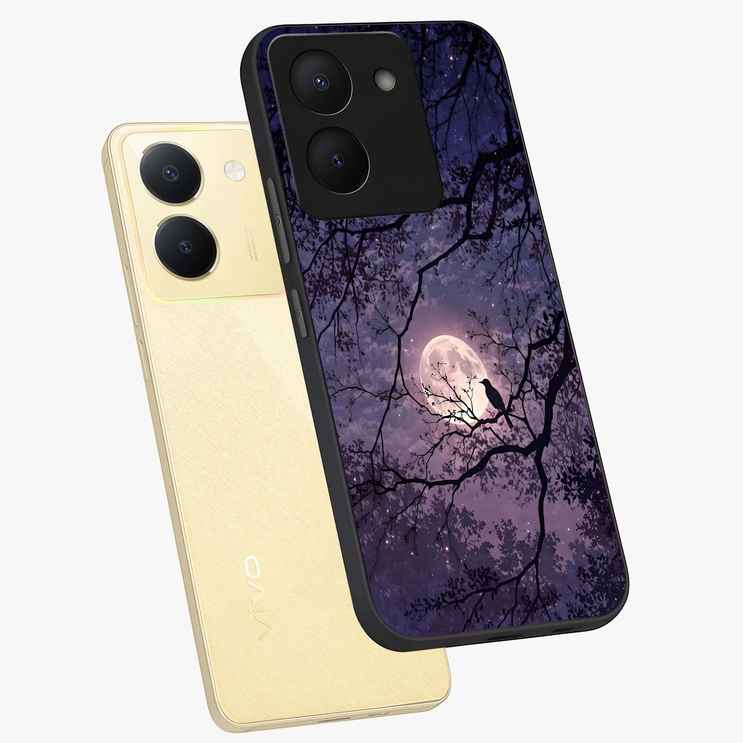 Whispering Moon Silence Glass Case displayed in angled mockup highlighting calm lunar design with dreamy night aesthetic.