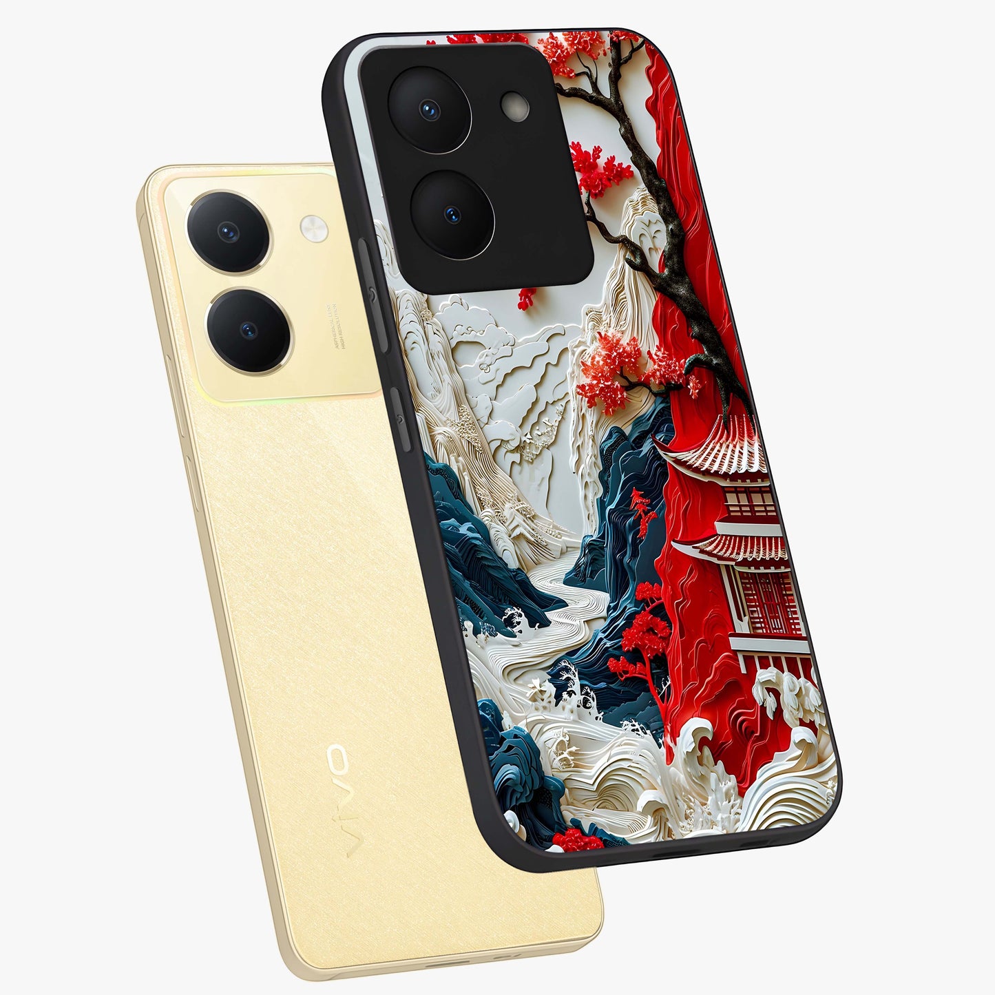 Whispers Of Sakura Waves Glass Case displayed in angled mockup highlighting flowing sakura design with soft floral aesthetic.