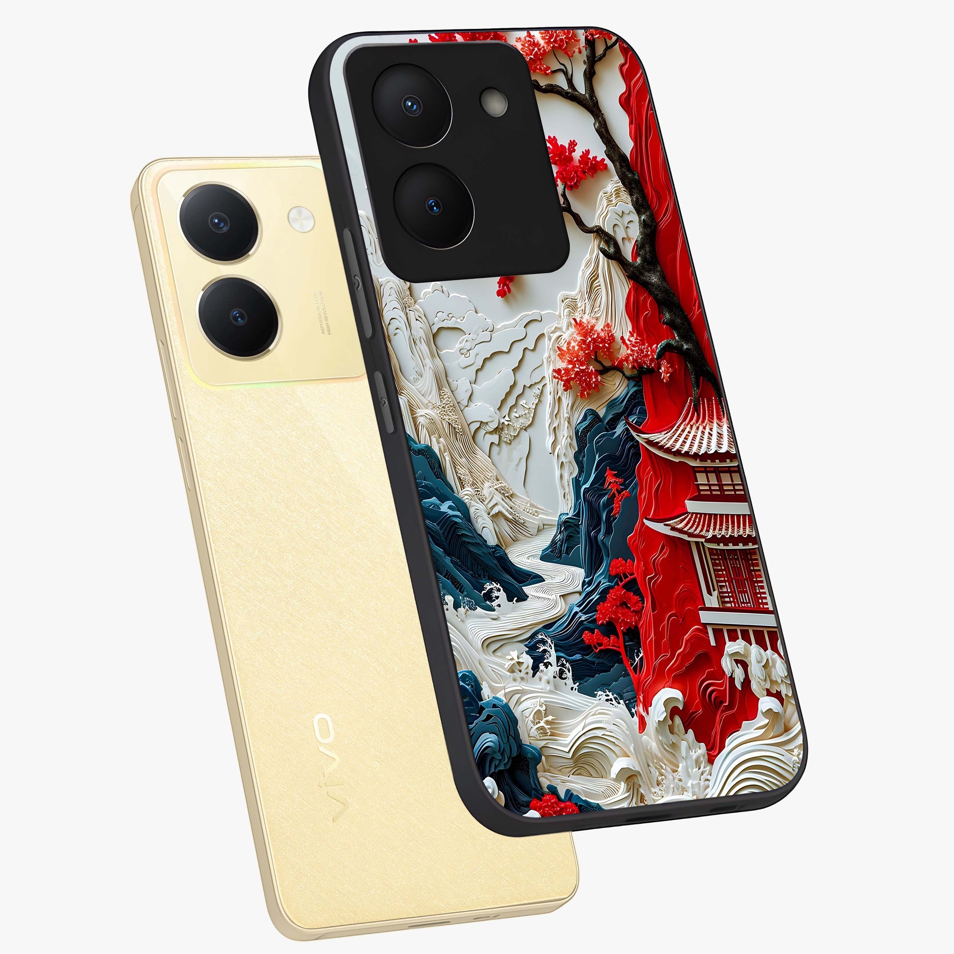 Whispers Of Sakura Waves Glass Case displayed in angled mockup highlighting flowing sakura design with soft floral aesthetic.