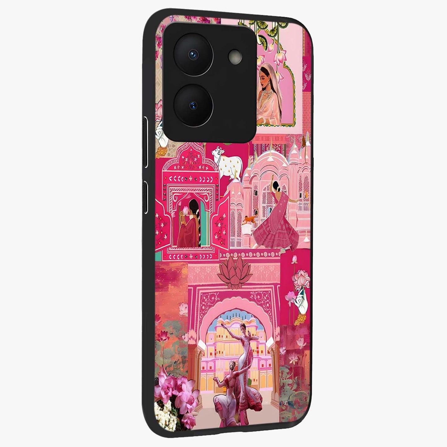 Blossoms of Rajasthan Glass Case upright view showcasing colorful floral design inspired by traditional Indian art.