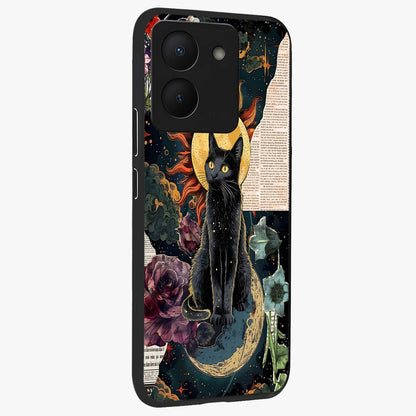 Celestial Black Cat Glass Case upright view showcasing magical black cat illustration with starry cosmic theme.