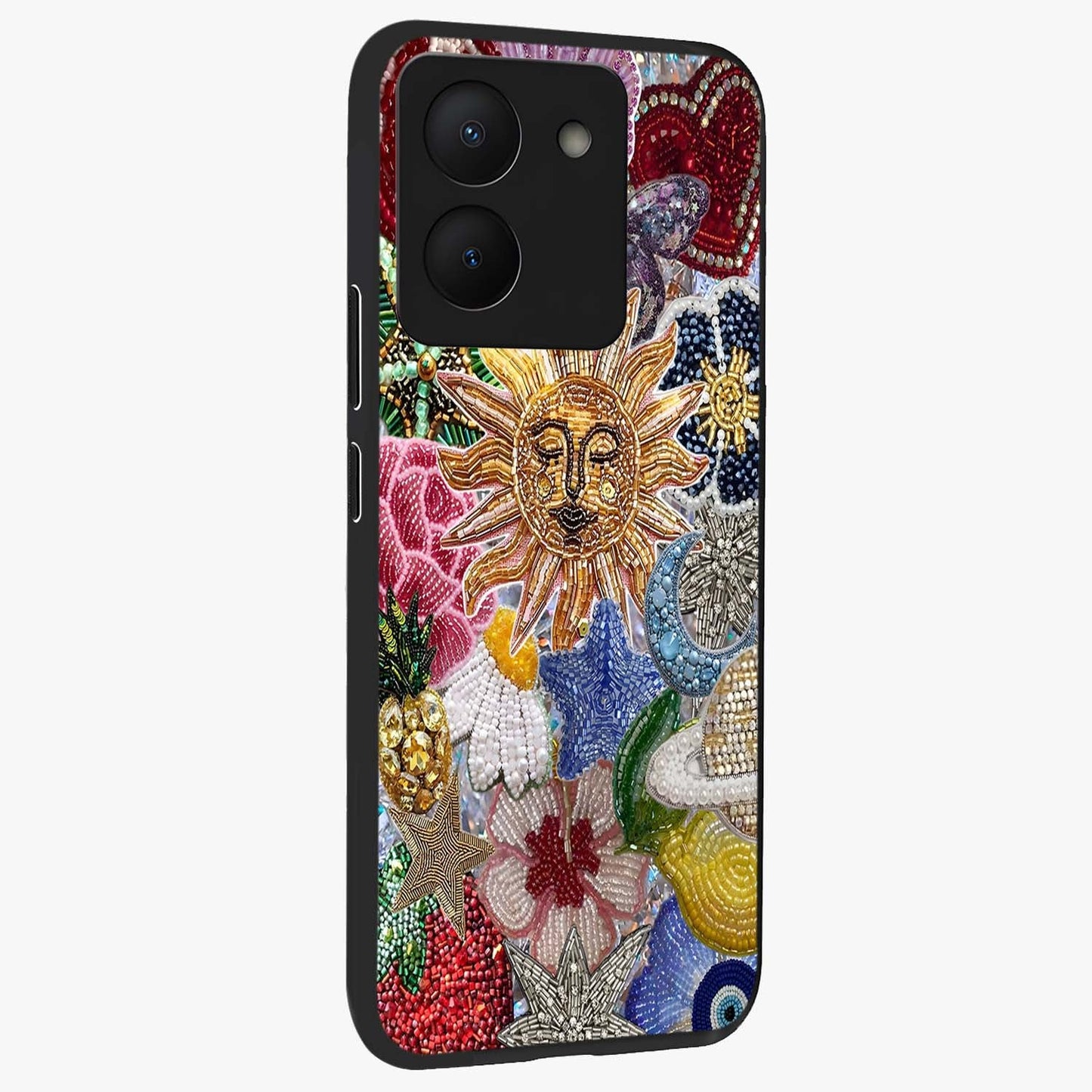 Celestial Floral and Playful Glass Case upright view showcasing whimsical floral artwork with cosmic aesthetic theme.
