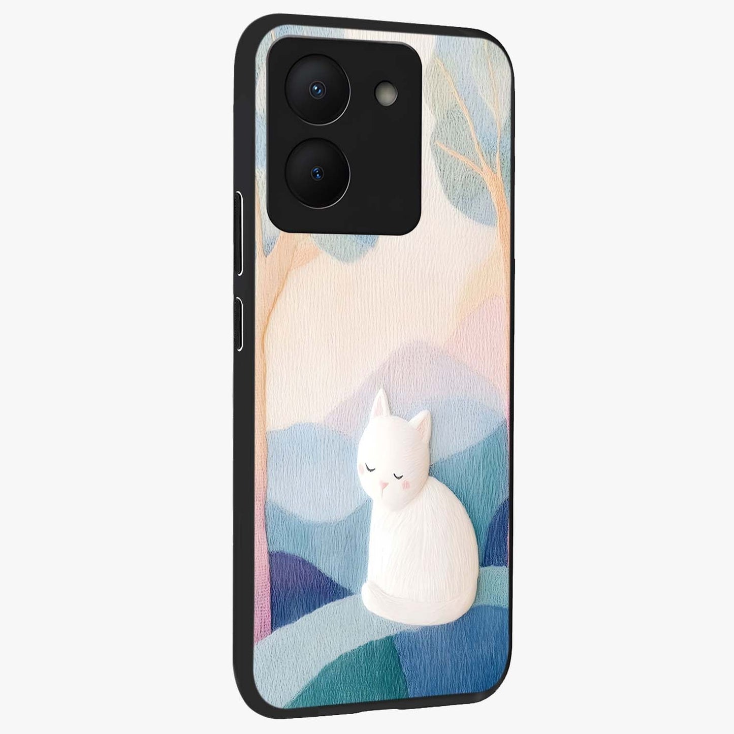Cotton Dream Cat Glass Case upright view showcasing charming cat artwork with cozy dreamy theme.