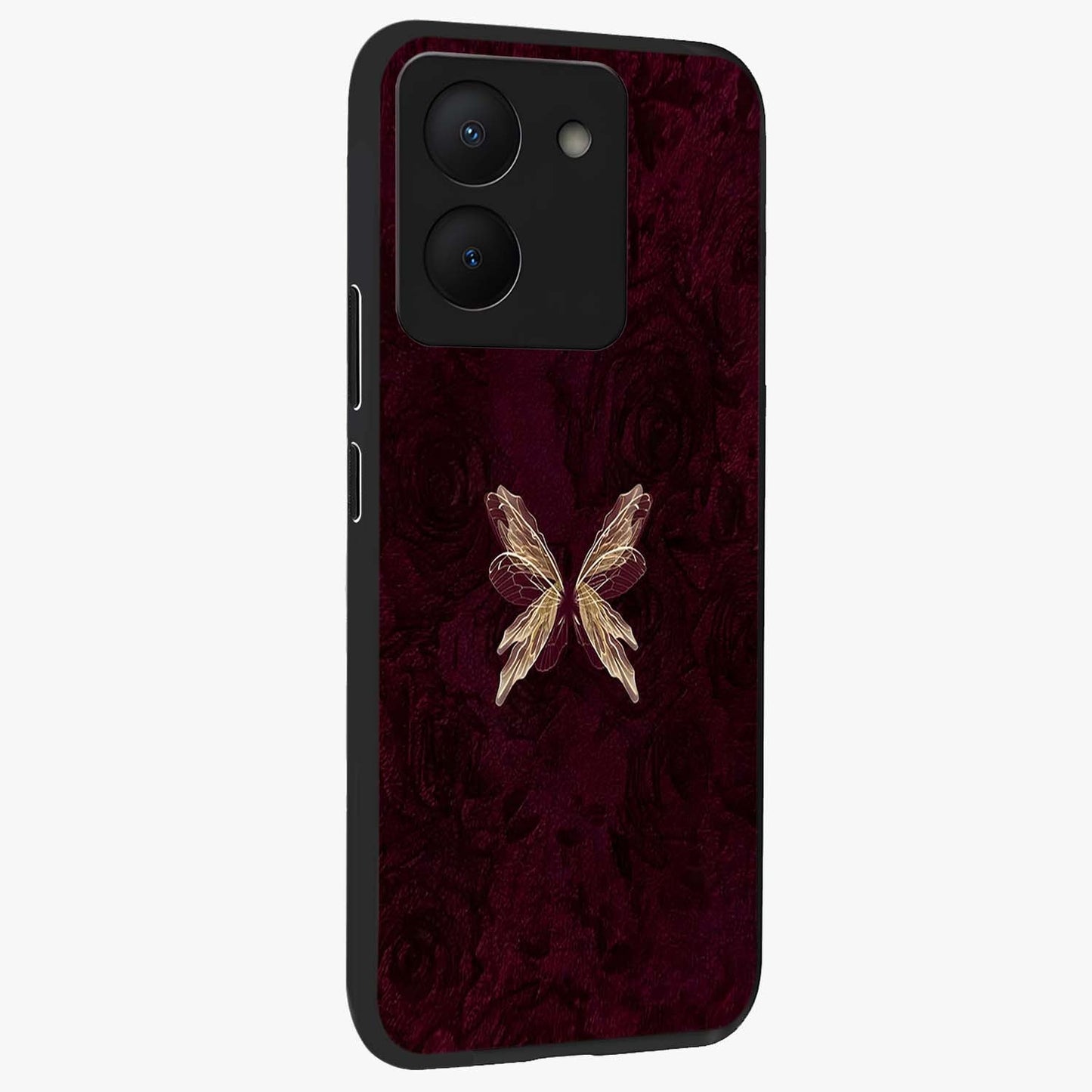 Crimson Fade Butterfly Glass Case upright view showcasing graceful butterfly artwork with soft crimson fade effect.