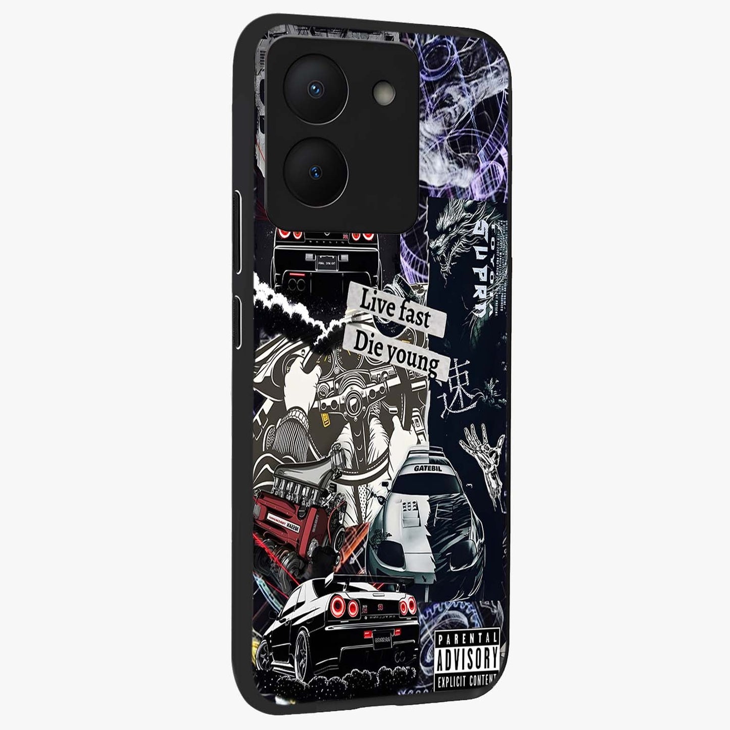 Die Young Glass Case upright view showcasing striking typography artwork with modern statement theme.