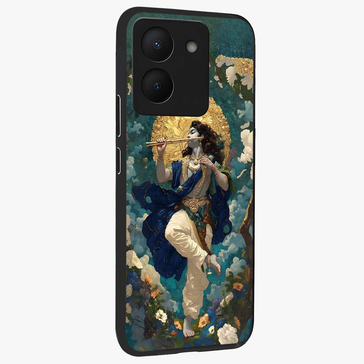 Divine Krishna Art Glass Case upright view showcasing divine Krishna artwork with sacred artistic theme.