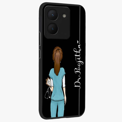 Doctor Pattern Custom Name Glass Case upright view showcasing healthcare themed design with personalized aesthetic.