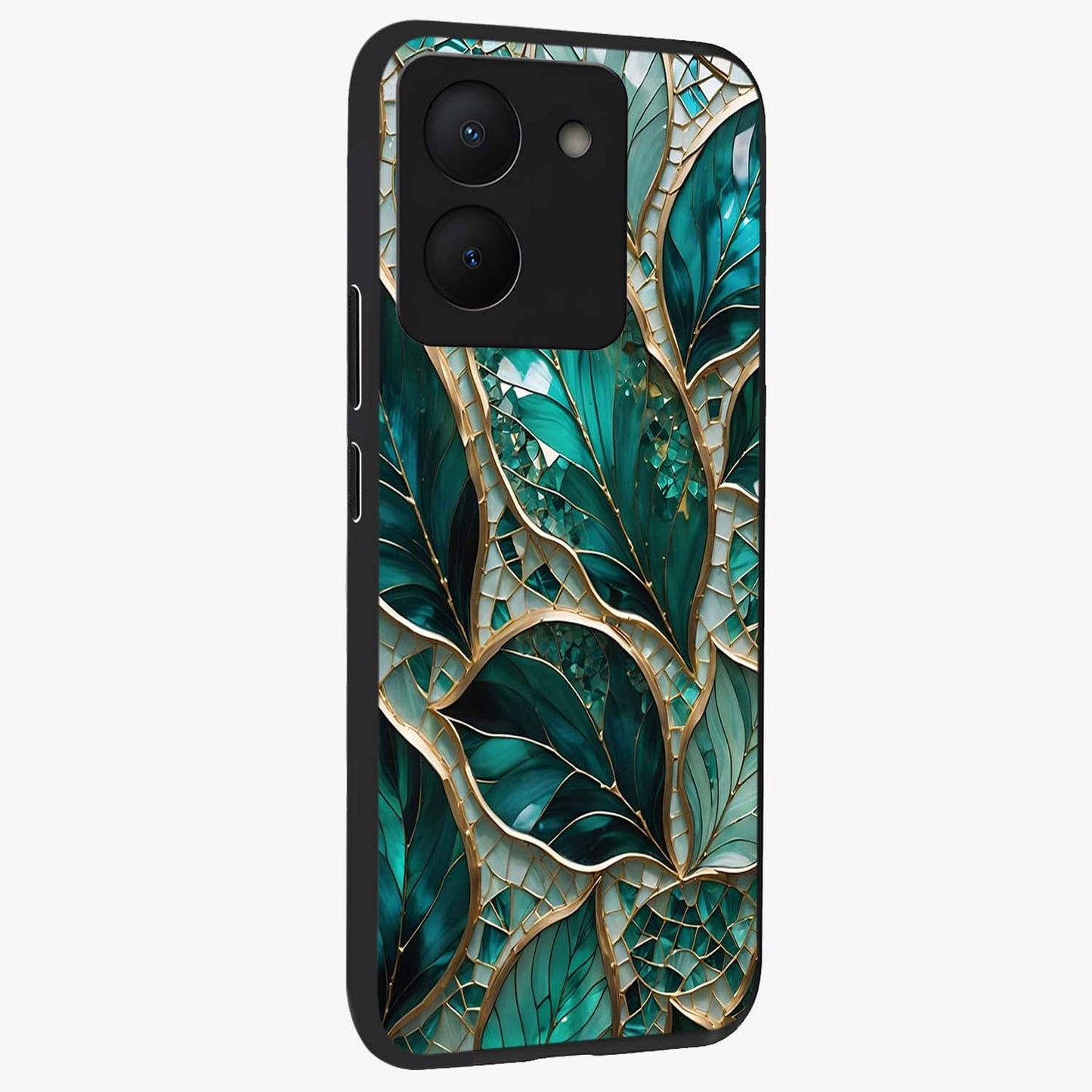 Emerald Leaf Glass Glass Case upright view showcasing fresh green leaf artwork with calming nature inspired style.