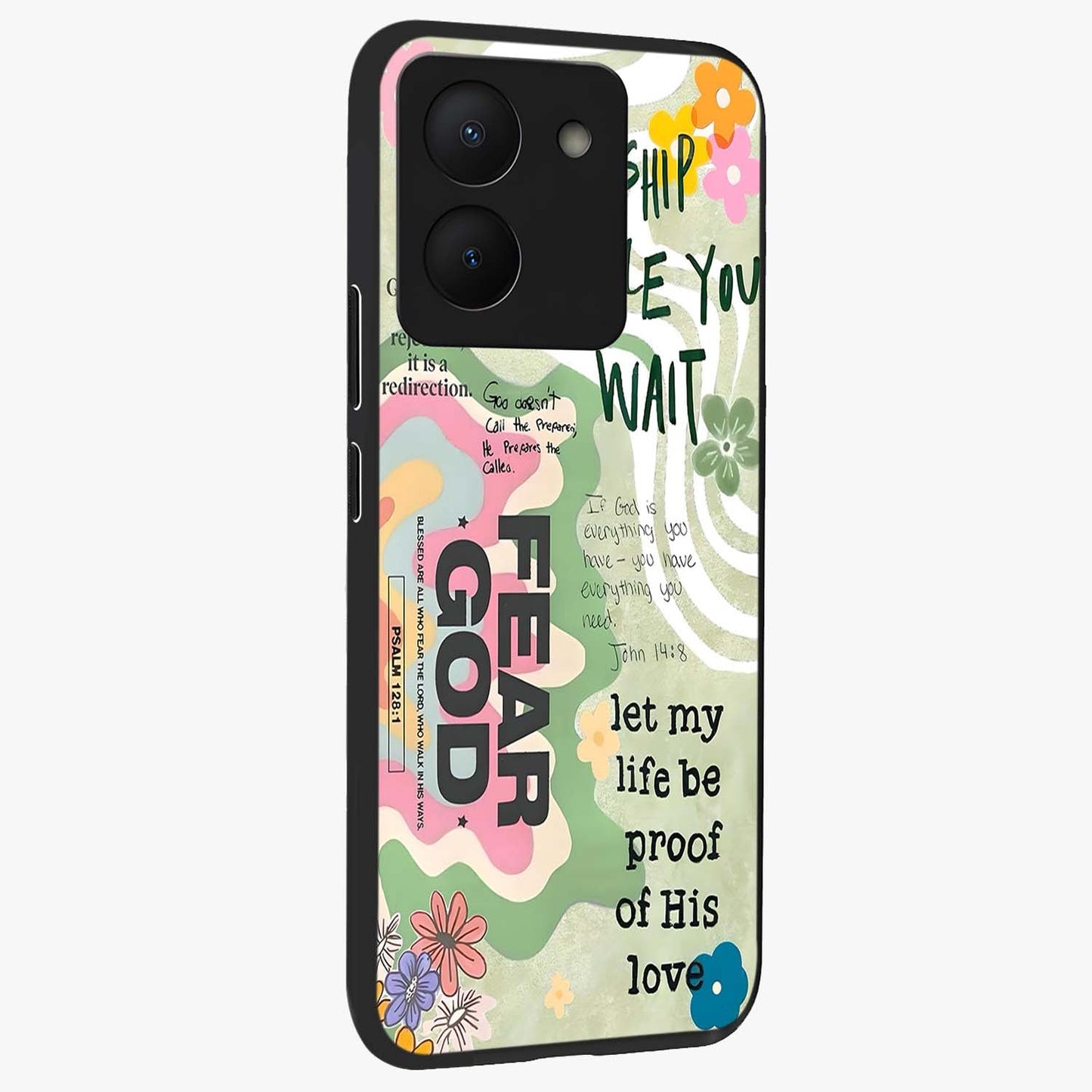 Faith Over Fear Glass Case upright view showcasing bold typography artwork with uplifting motivational theme.