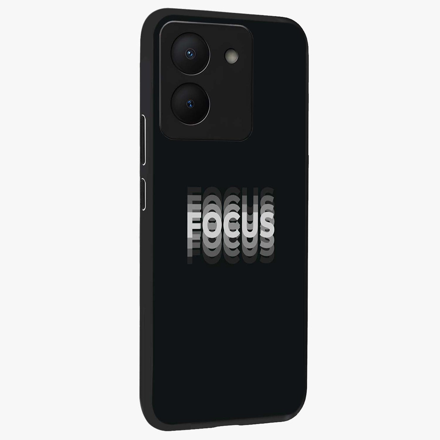 Focus Mode On Glass Case upright view showcasing strong typography statement with sleek motivational theme.