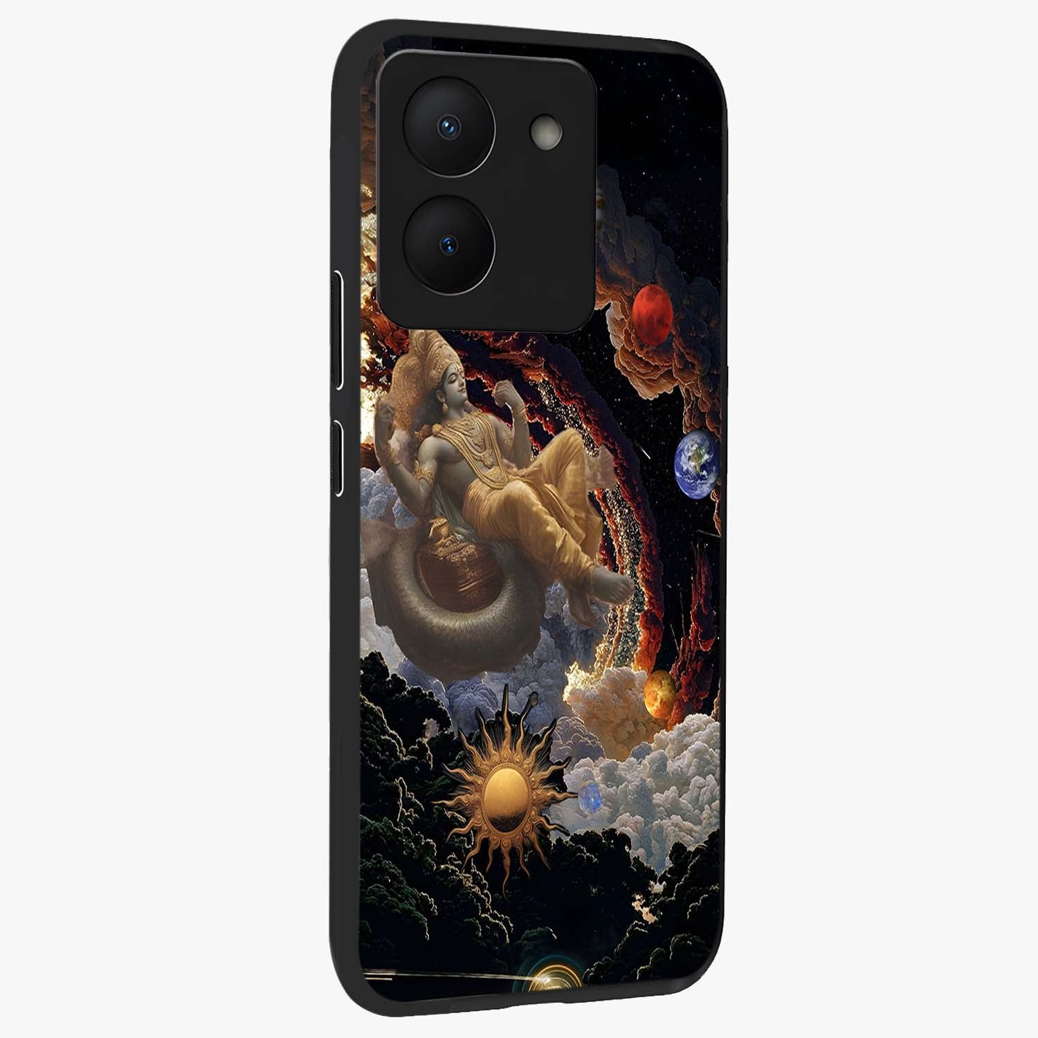 Galactic Divine God Glass Case upright view showcasing mystical divine artwork with dramatic cosmic theme.