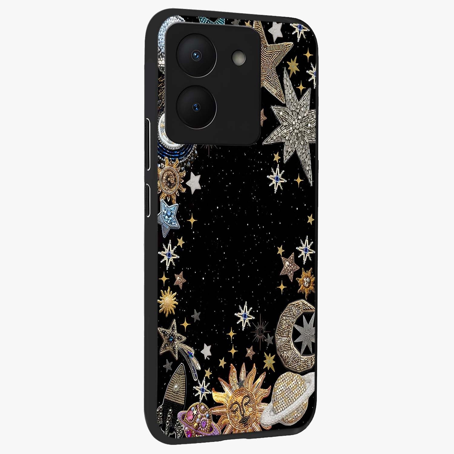 Galactic Jewel Stars Glass Case upright view showcasing glittering star jewel artwork with vibrant galaxy theme.