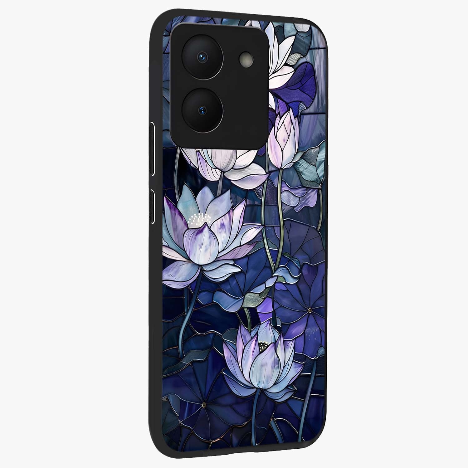 Gloss Petal Rush Glass Case upright view showcasing dynamic floral petal artwork with modern botanical theme.