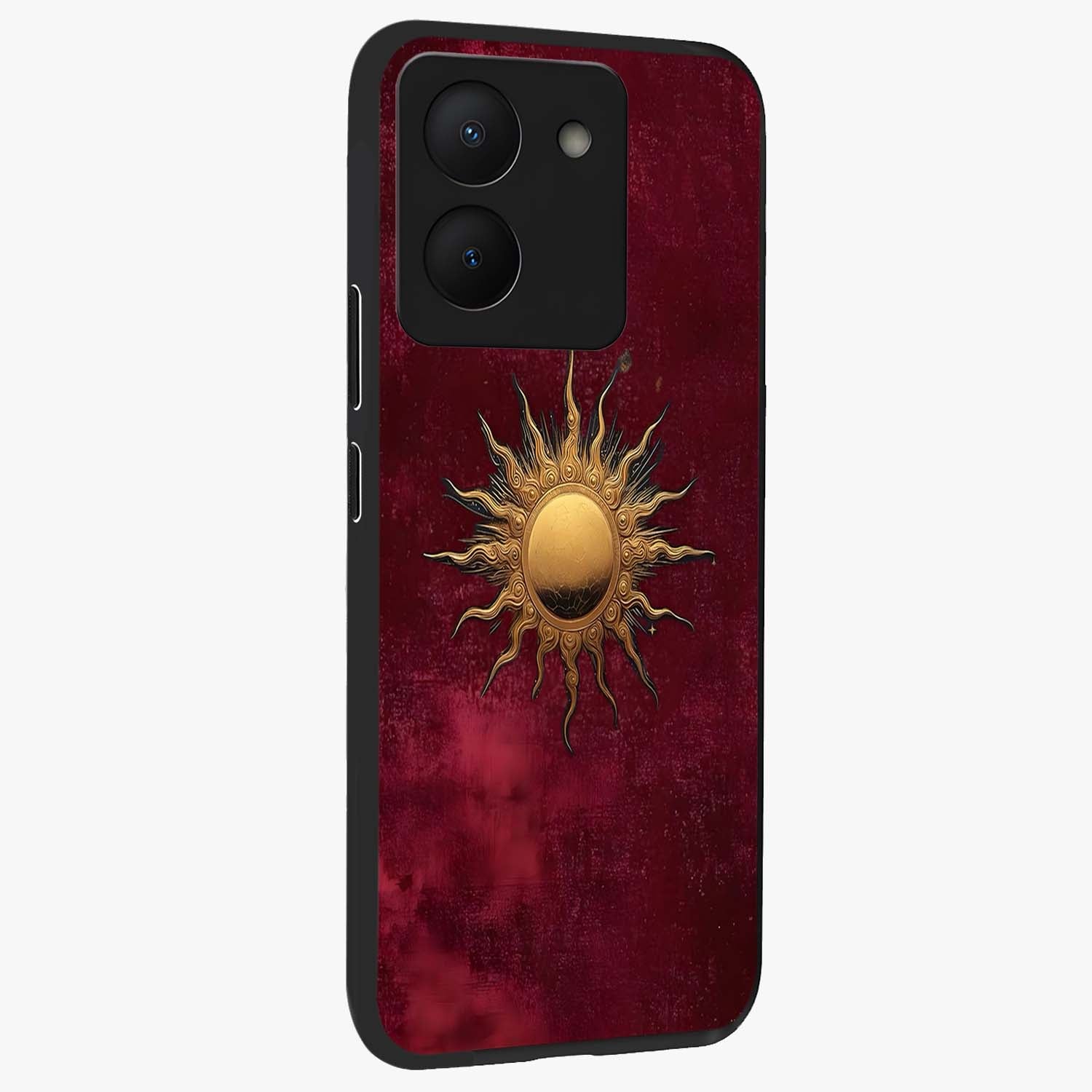 Golden Sun Minimalism Glass Case upright view showcasing simple golden sun artwork with elegant minimalist style.