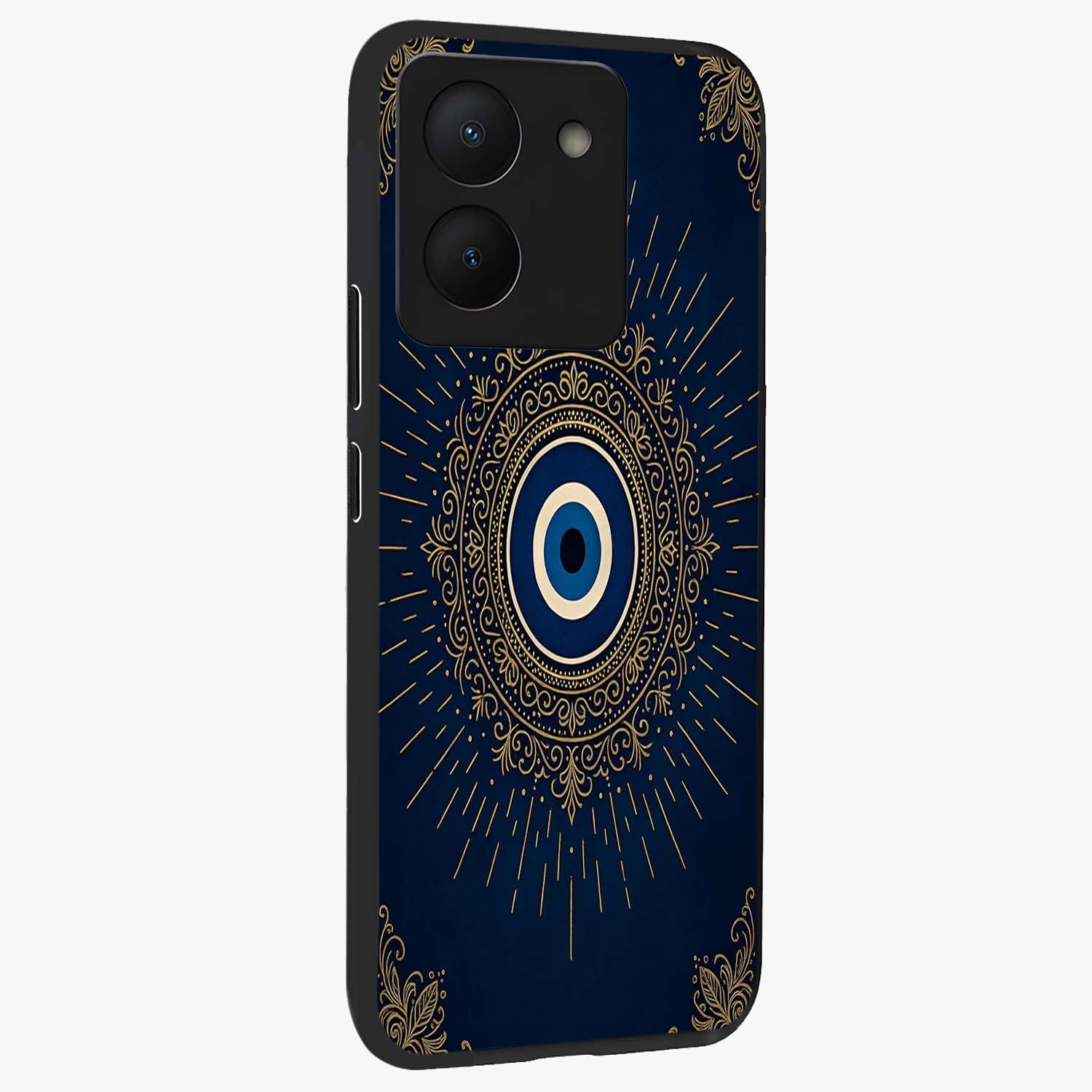 Golden Celestial Charm Glass Case upright view showcasing radiant celestial artwork with elegant golden theme.