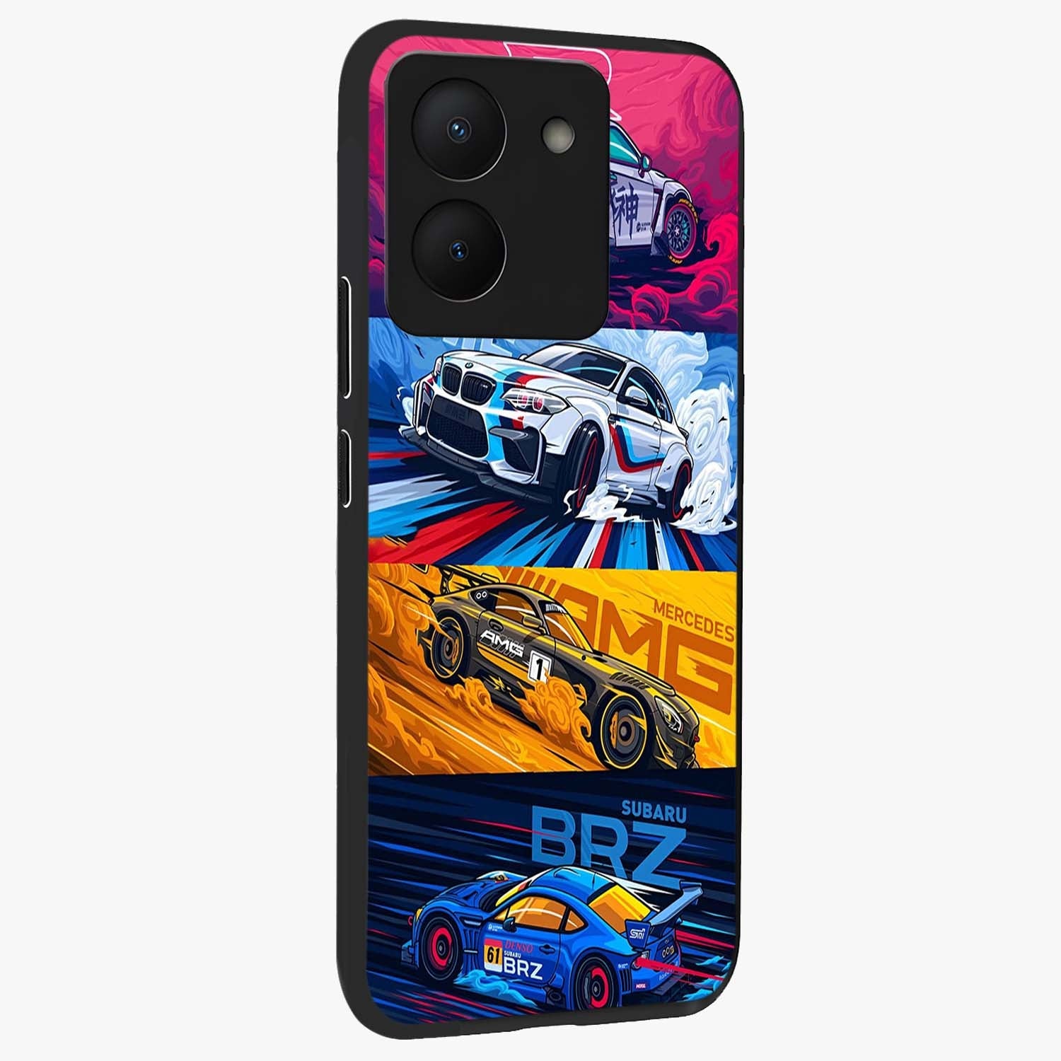 JDM Sports Car Glass Case upright view showcasing dynamic sports car artwork with bold racing theme.