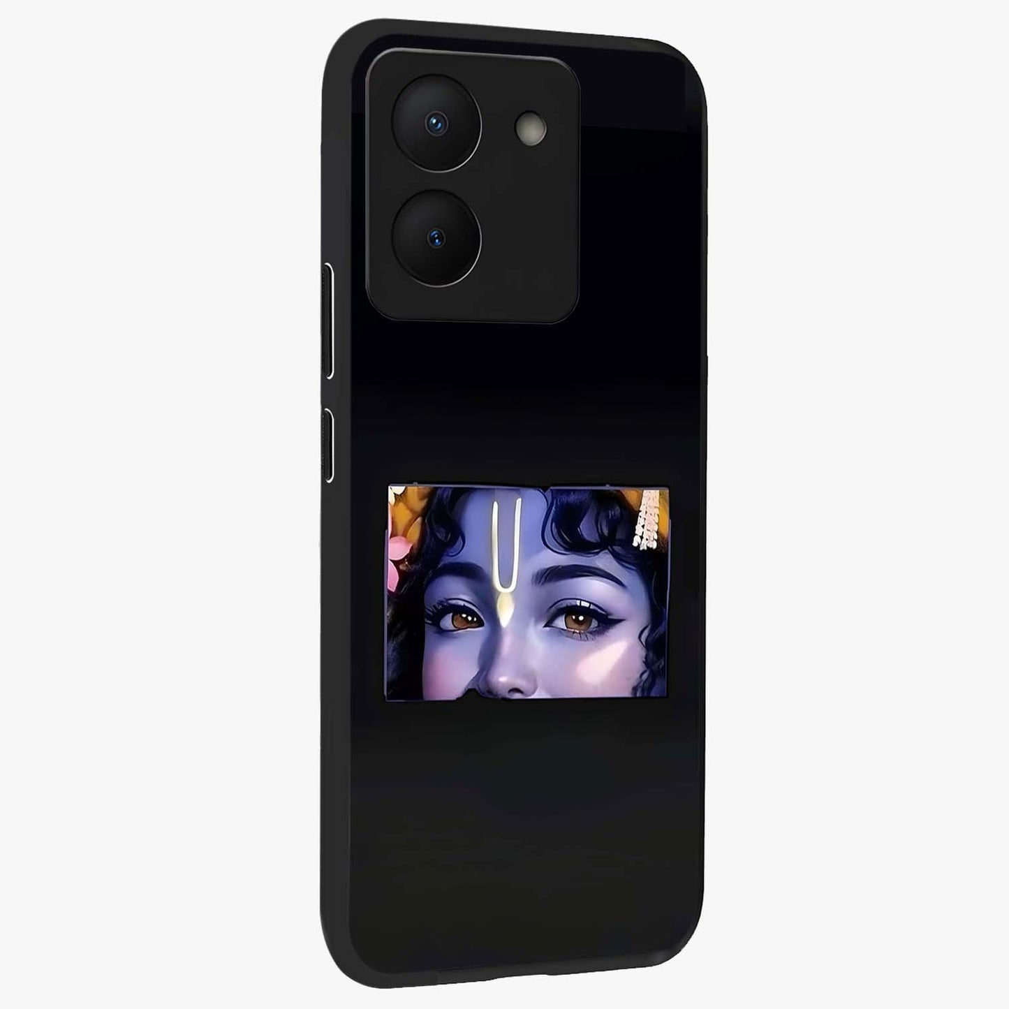 Krishna Divine Embrace Glass Case upright view showcasing sacred Krishna artwork with peaceful devotional theme.