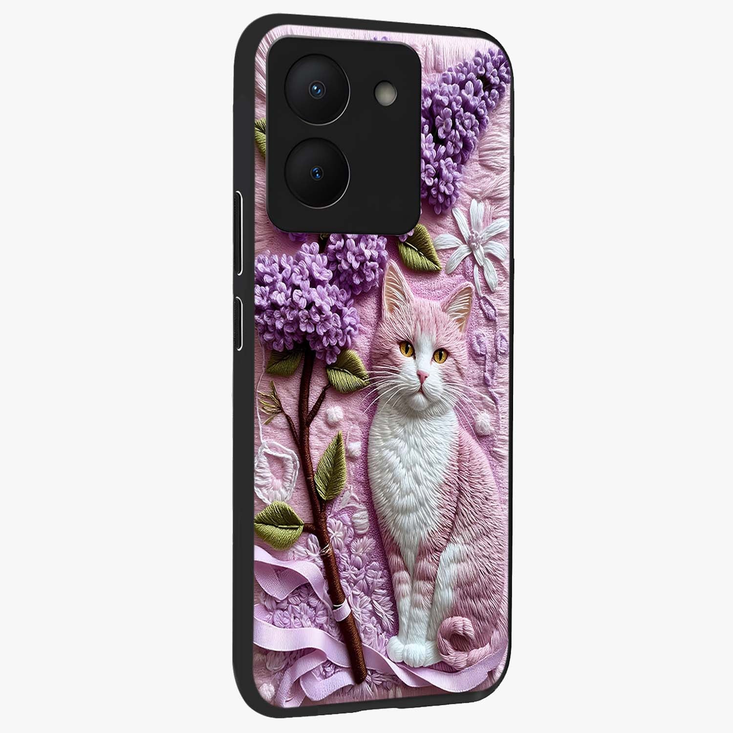 Lavender Cat Whimsy Glass Case upright view showcasing charming cat artwork with whimsical lavender theme.