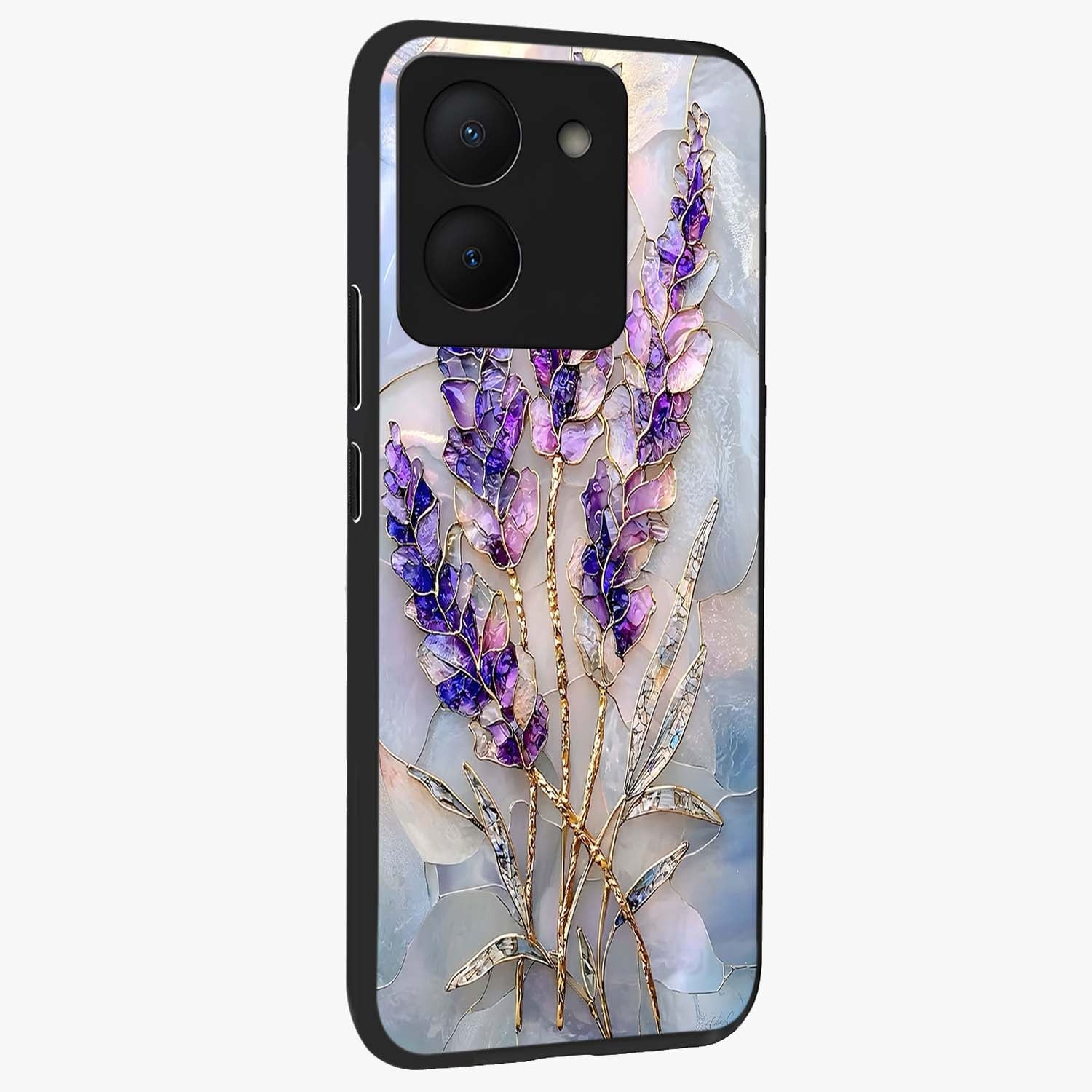 Lavender Dream Glow Glass Case upright view showcasing radiant lavender glow artwork with calming dreamy theme.
