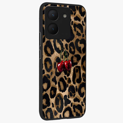 Leopard Wild Cherry Glass Case upright view showcasing stylish leopard pattern artwork with trendy fashion theme.