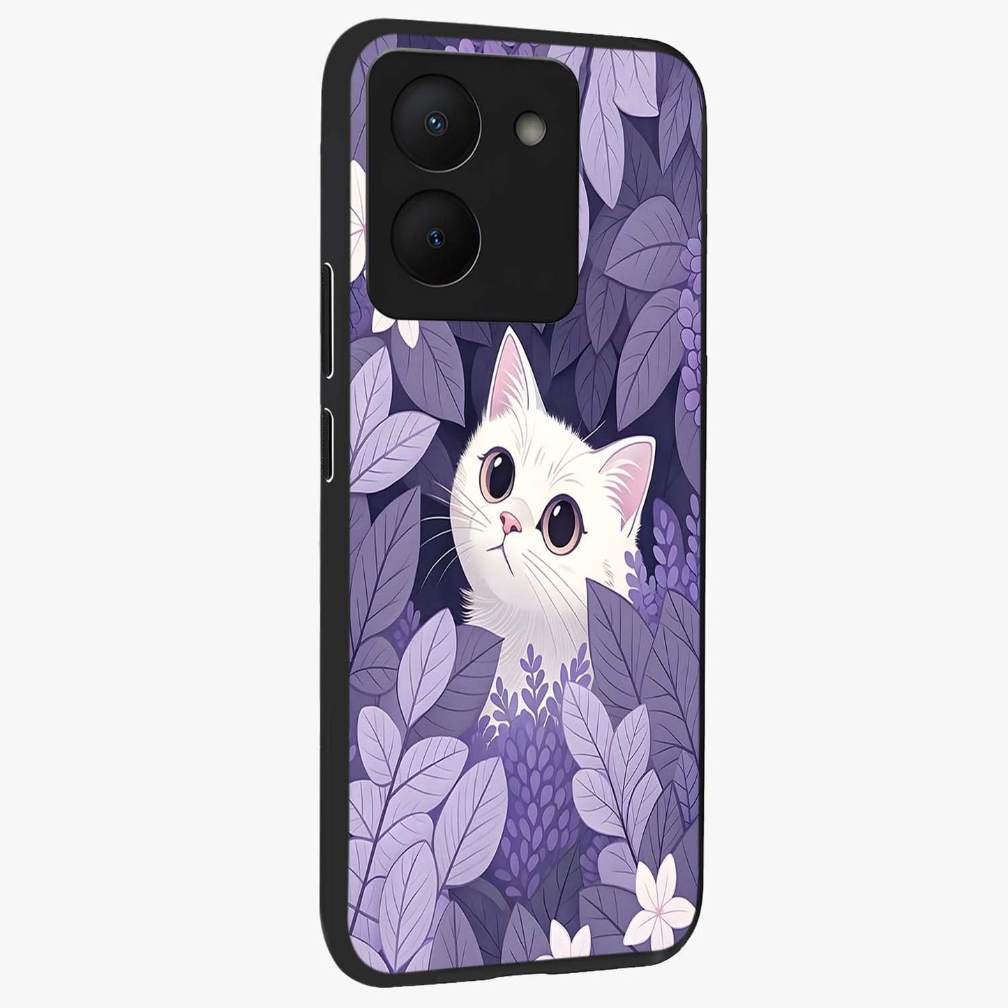 Lilac Hide Peek Cat Glass Case upright view showcasing charming cat artwork with adorable peek theme.