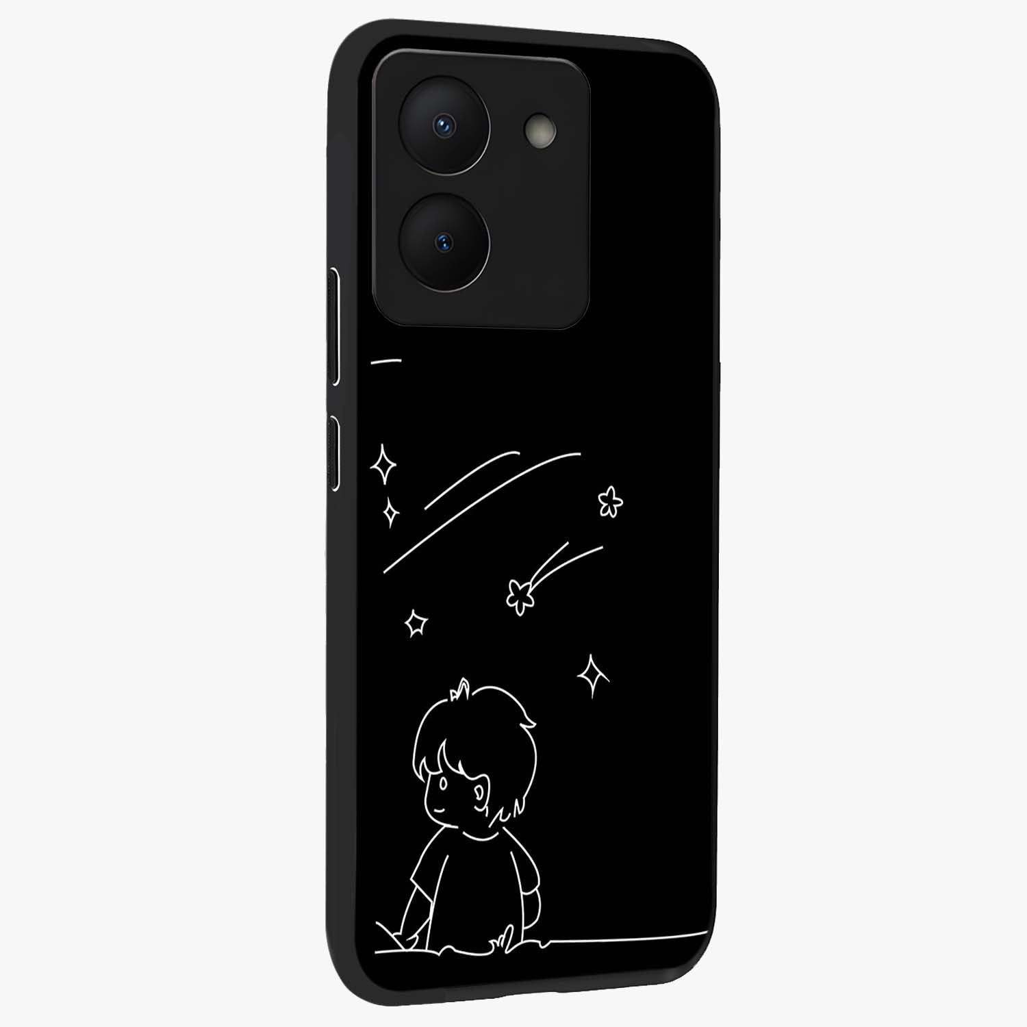 Line Art Boy With Shooting Stars Glass Case upright view showcasing artistic shooting star illustration with minimal style.