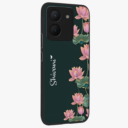 Lotus Bloom Serenity Custom Name Glass Case upright view showcasing serene lotus bloom artwork with personalized floral aesthetic.