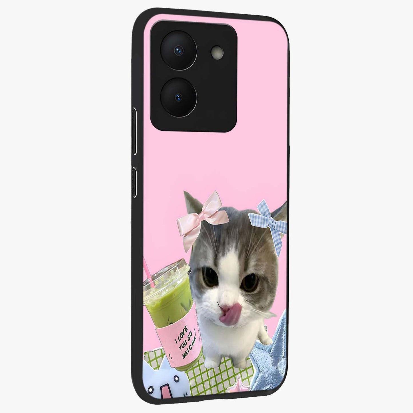 Love Matcha Cat Glass Case upright view showcasing adorable cat artwork with charming matcha themed design.