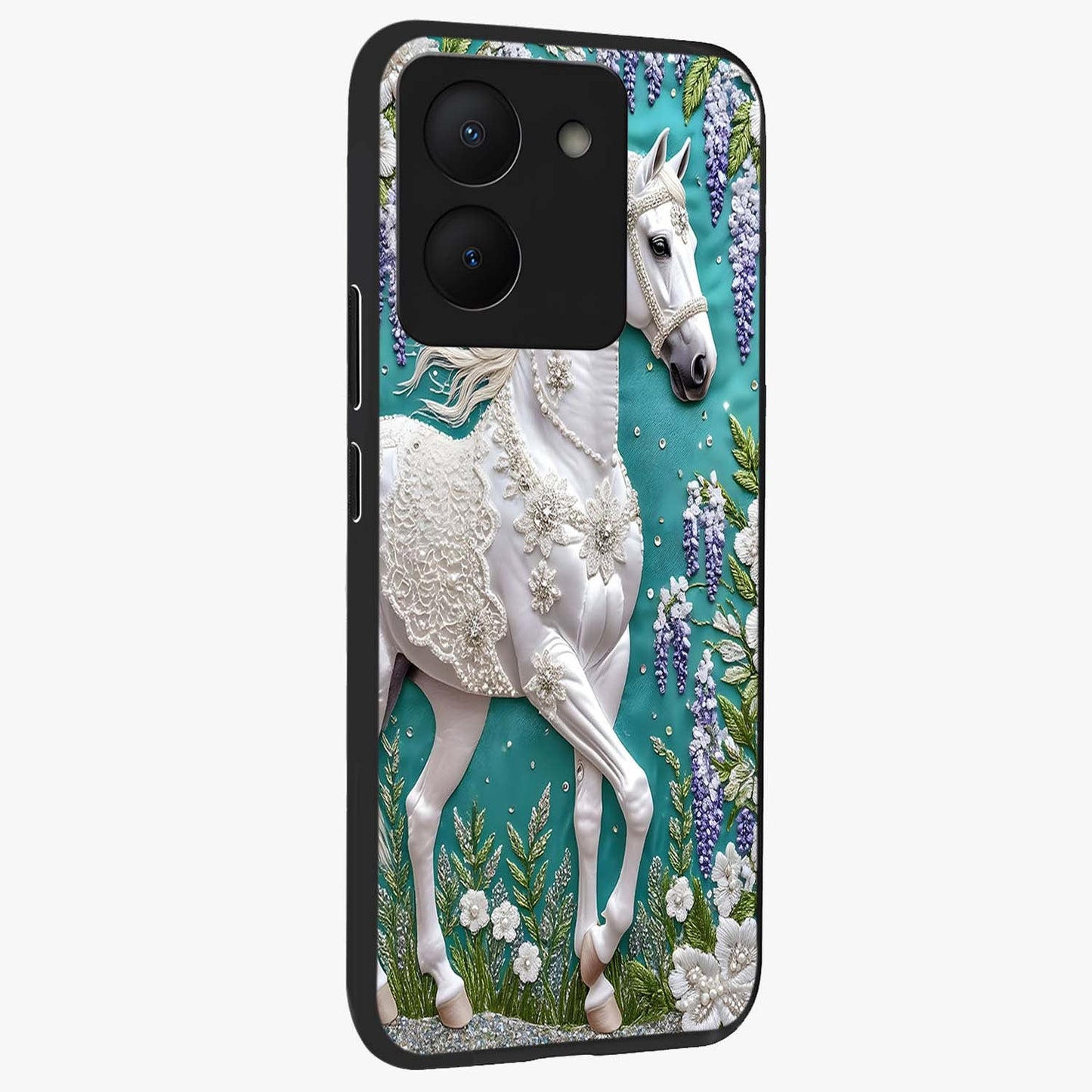 Majestic Floral Stallion Glass Case upright view showcasing dramatic horse artwork with decorative floral theme.