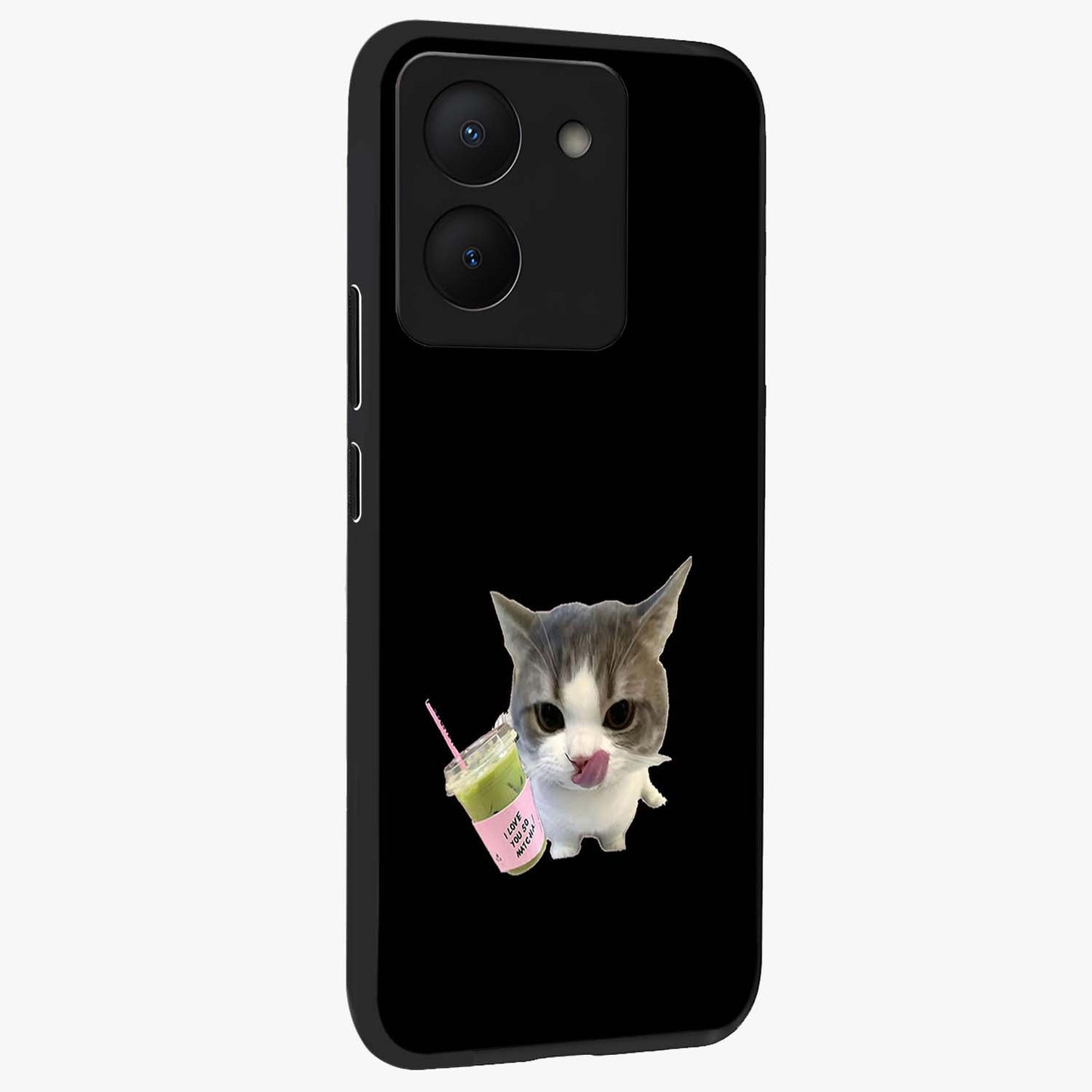 Matcha Cat Style Glass Case upright view showcasing charming cat artwork with cozy aesthetic theme.