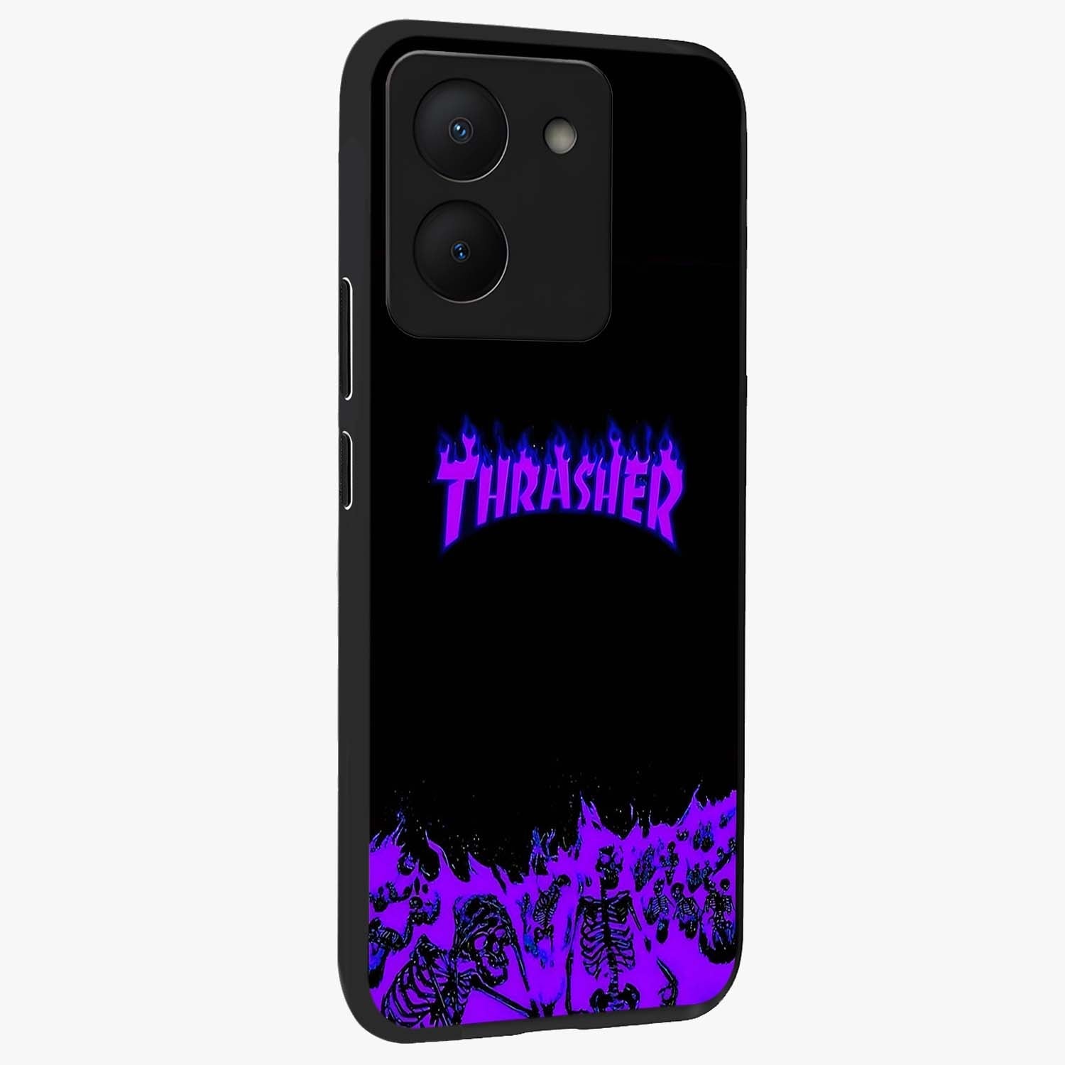 Neon Flame Riot Glass Case upright view showcasing dynamic flame artwork with energetic neon theme.