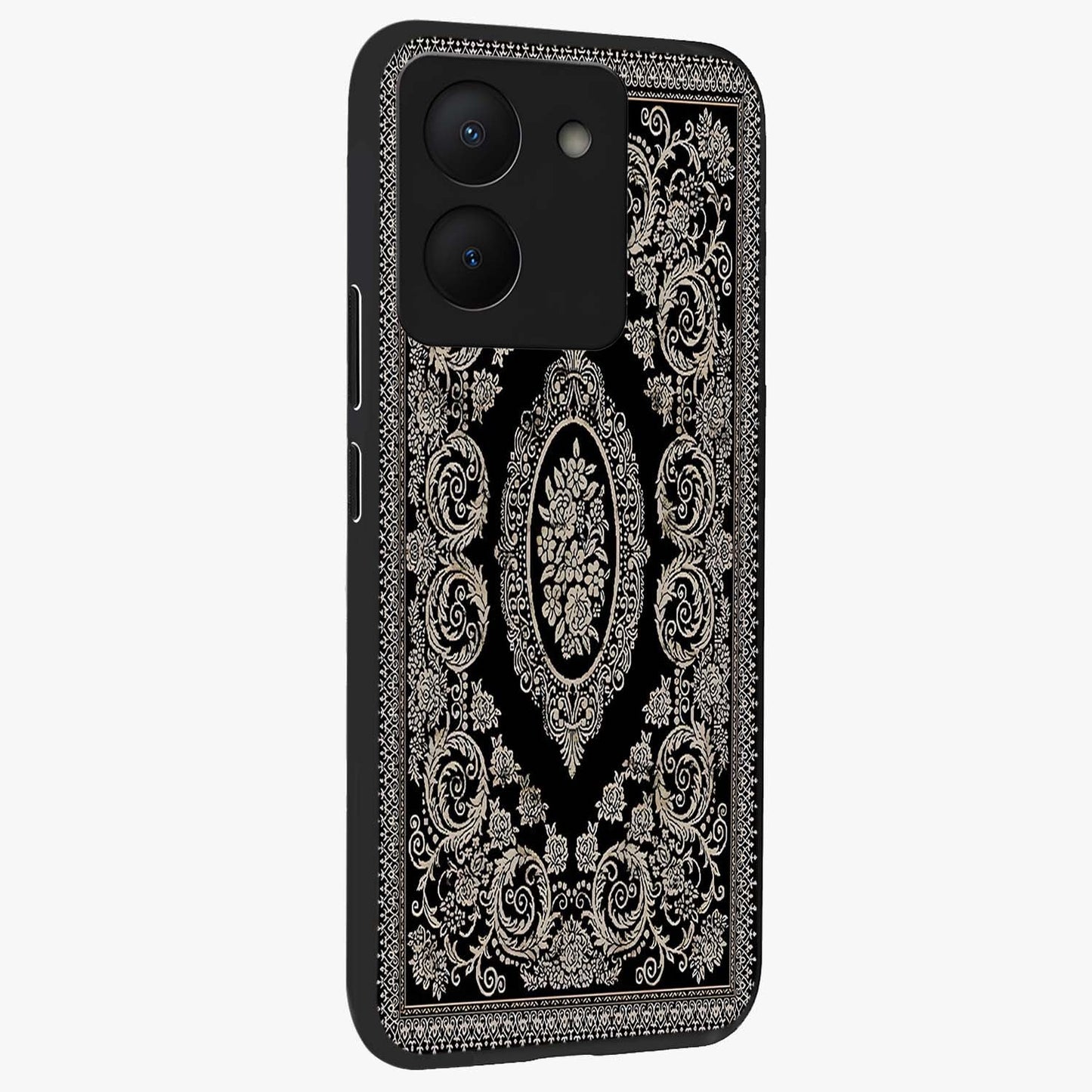 Noir Bloom Elegance Glass Case upright view showcasing graceful floral artwork with luxurious dark theme.