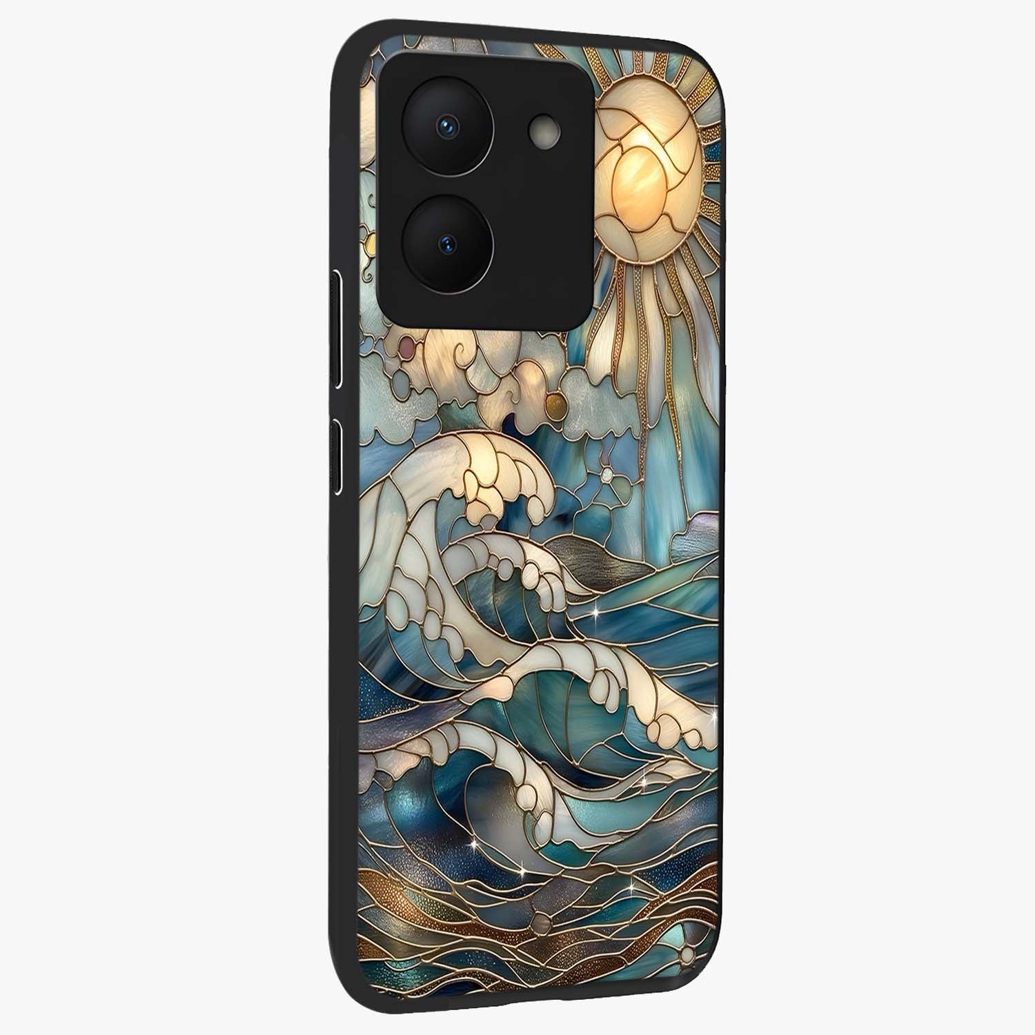 Oceanic Stained Printed Glass Case upright view showcasing decorative ocean pattern artwork with vibrant marine theme.