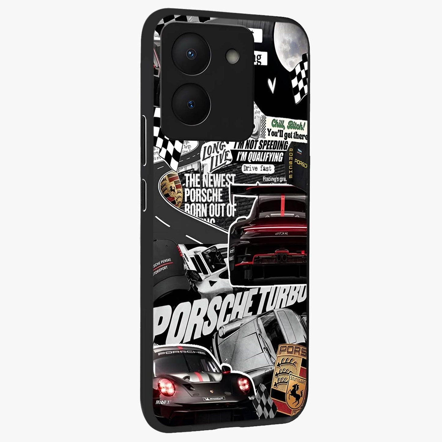 Porsche Racing Collage Glass Case upright view showcasing energetic car collage artwork with high speed racing theme.