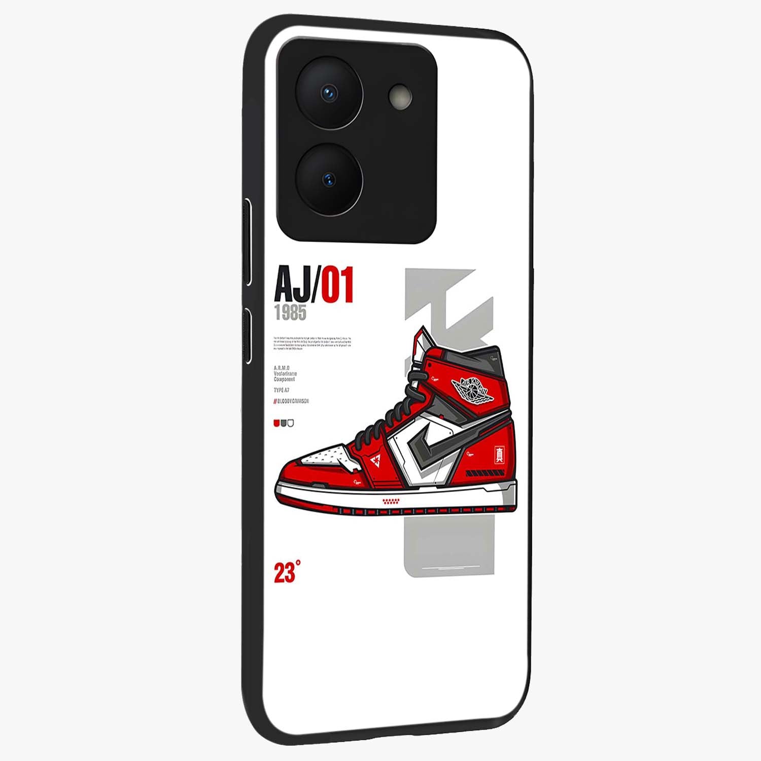 Retro Sneaker Blueprint Glass Case upright view showcasing stylish sneaker illustration with vintage streetwear theme.