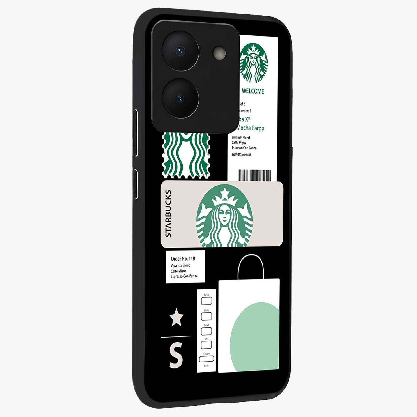Starbucks Mocha Glass Case upright view showcasing trendy coffee inspired artwork with modern lifestyle theme.