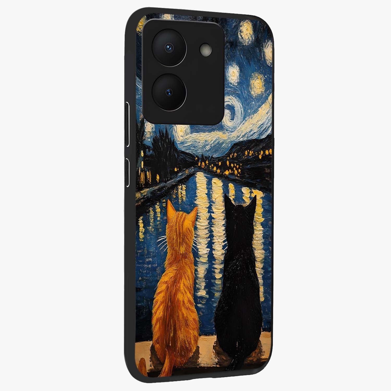 Starry River Cats Glass Case upright view showcasing adorable cat artwork with magical river and stars theme.