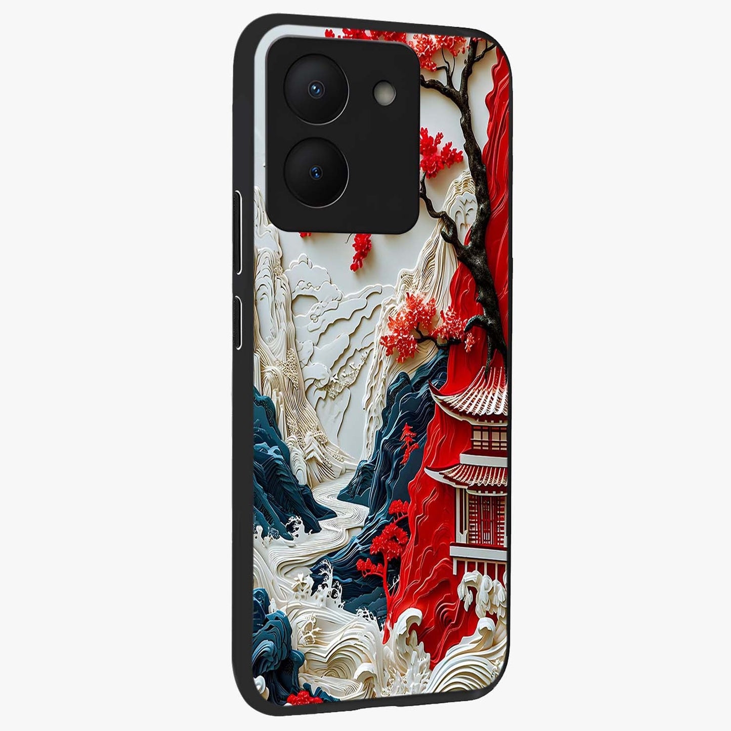 Whispers Of Sakura Waves Glass Case upright view showcasing delicate cherry blossom artwork with elegant nature theme.
