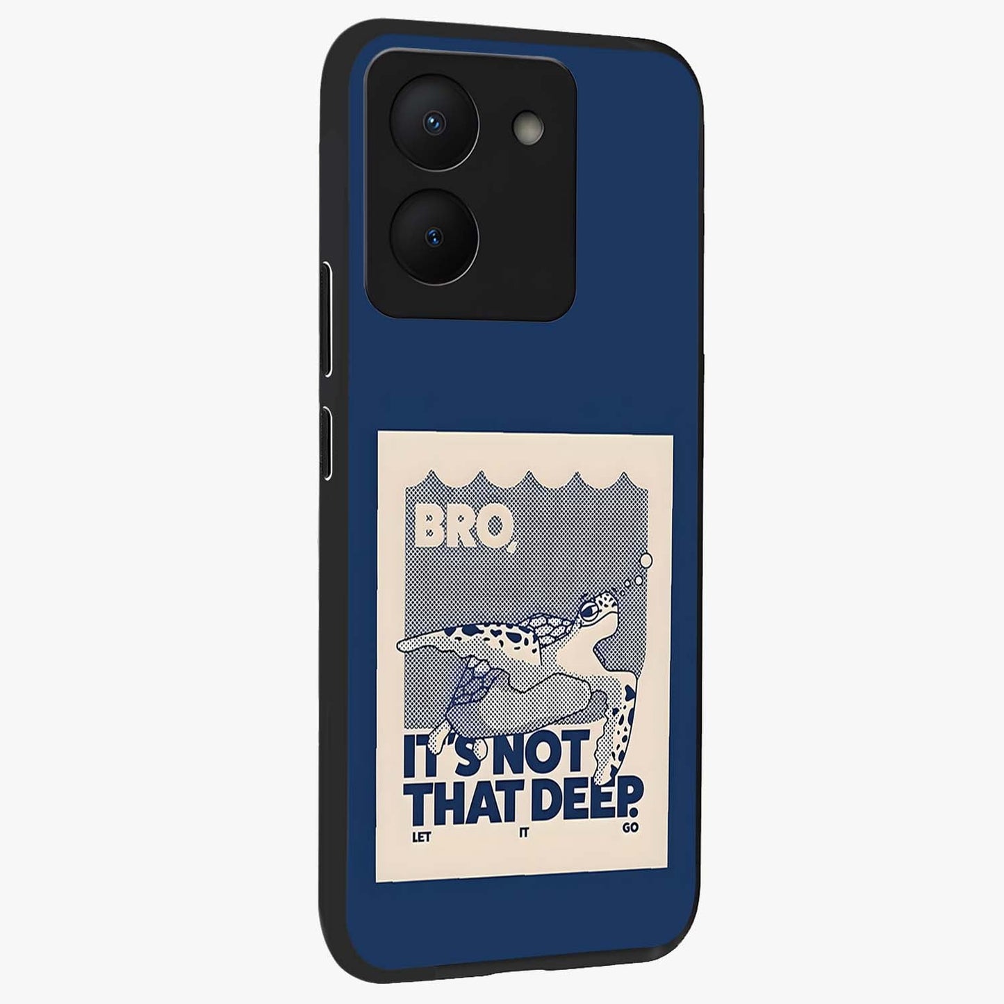 Worry Less Swim Glass Case upright view showcasing cheerful artistic artwork with carefree inspirational theme.