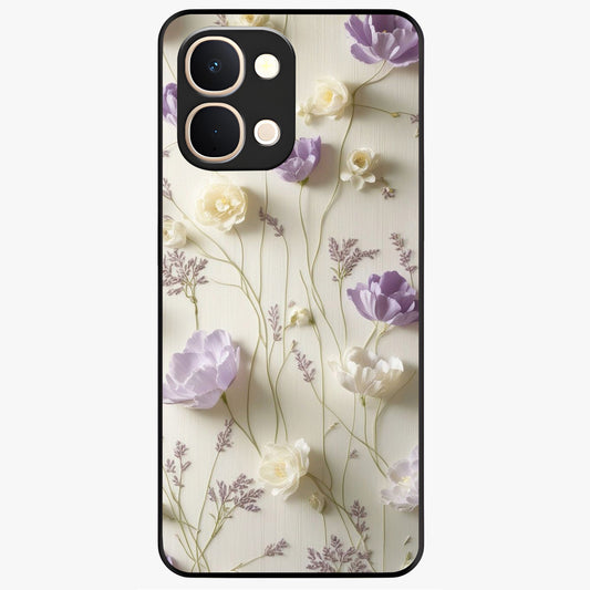 Lilac Breeze Harmony Glass Case showing flat back view with soft lilac themed artwork and glossy glass finish.