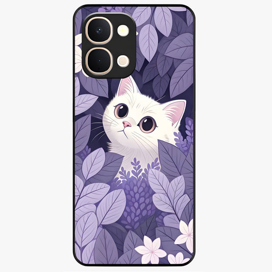 Lilac Hide Peek Cat Glass Case showing flat back view with cute peeking cat artwork and glossy glass finish.