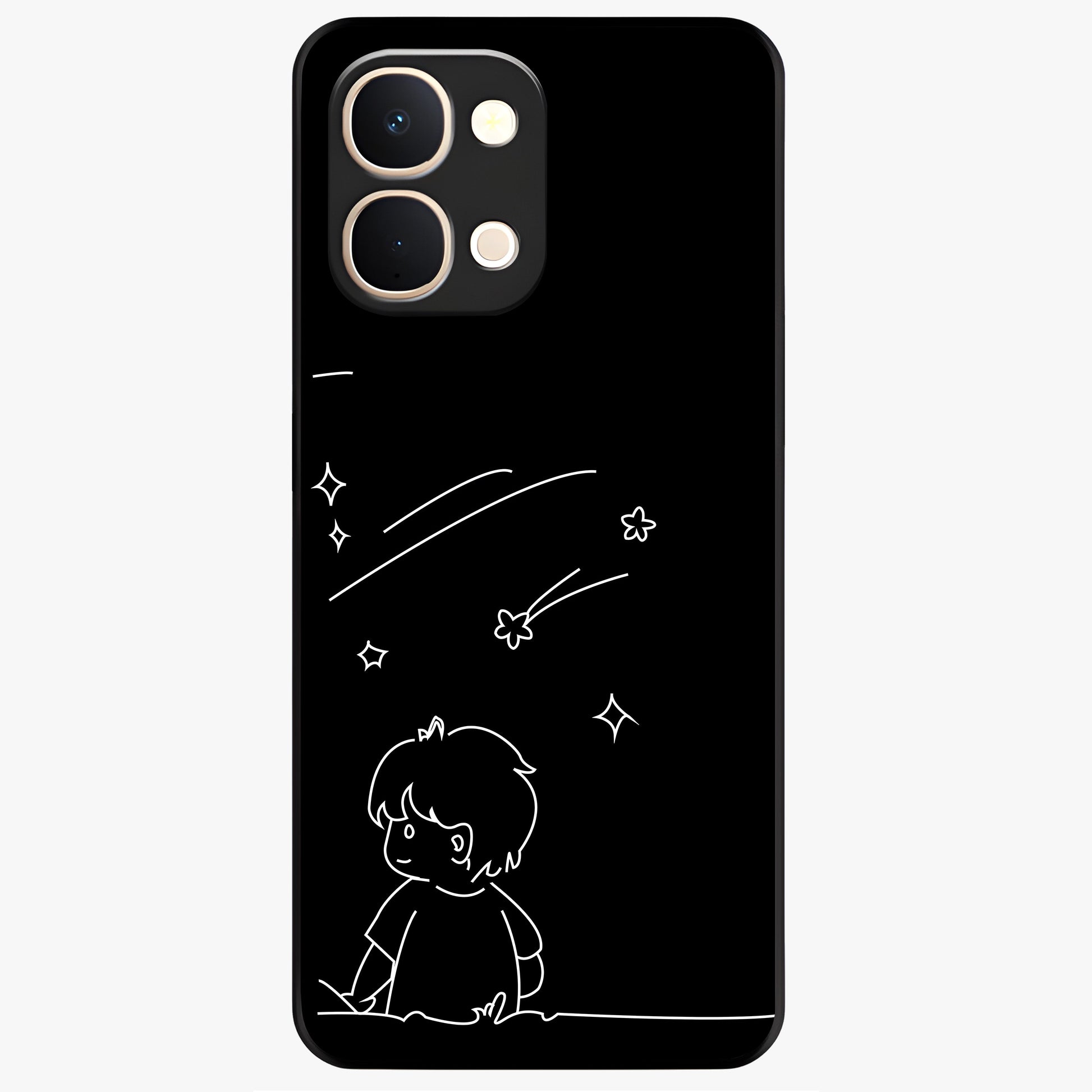 Line Art Boy With Shooting Stars Glass Case showing flat back view with minimal line art boy and shooting stars illustration and glossy glass finish.