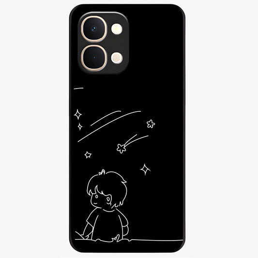 Line Art Boy With Shooting Stars Glass Case showing flat back view with minimal line art boy and shooting stars illustration and glossy glass finish.