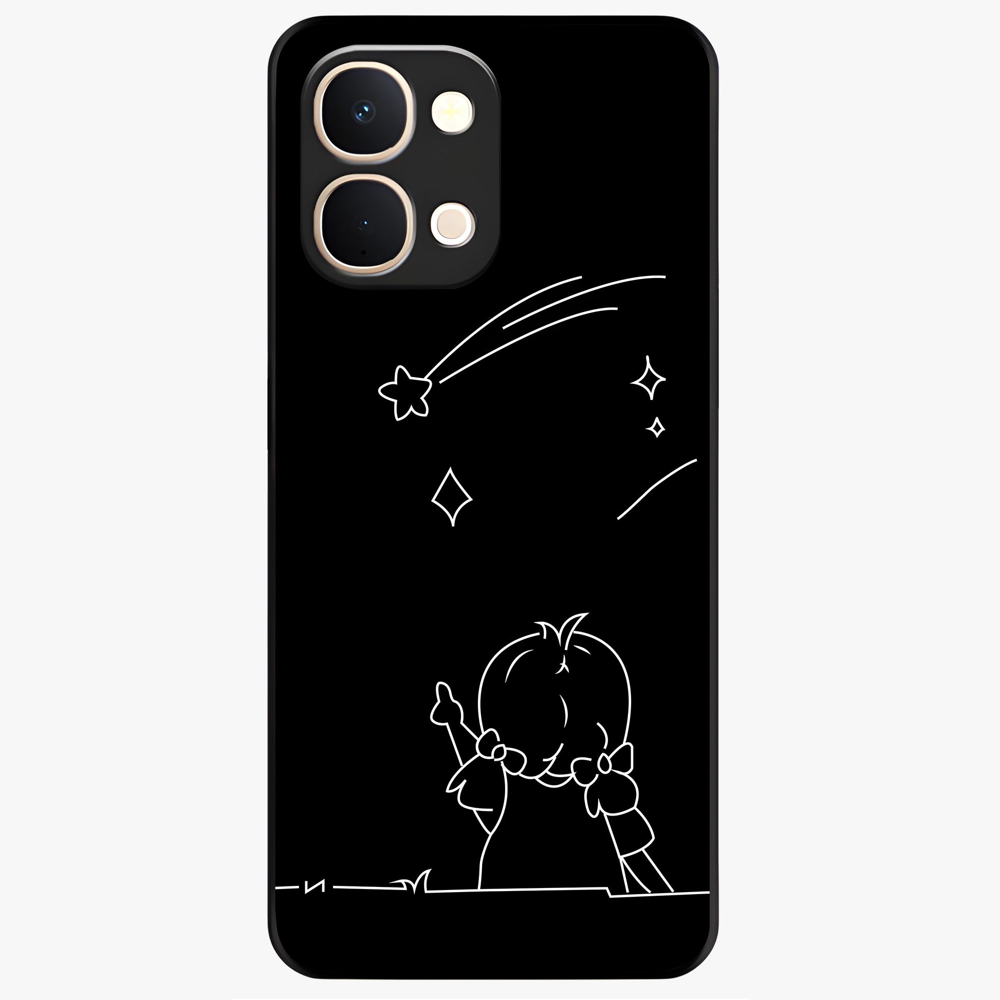 Line Art Girl With Shooting Stars Glass Case showing flat back view with minimal line art girl and shooting stars illustration and glossy glass finish.