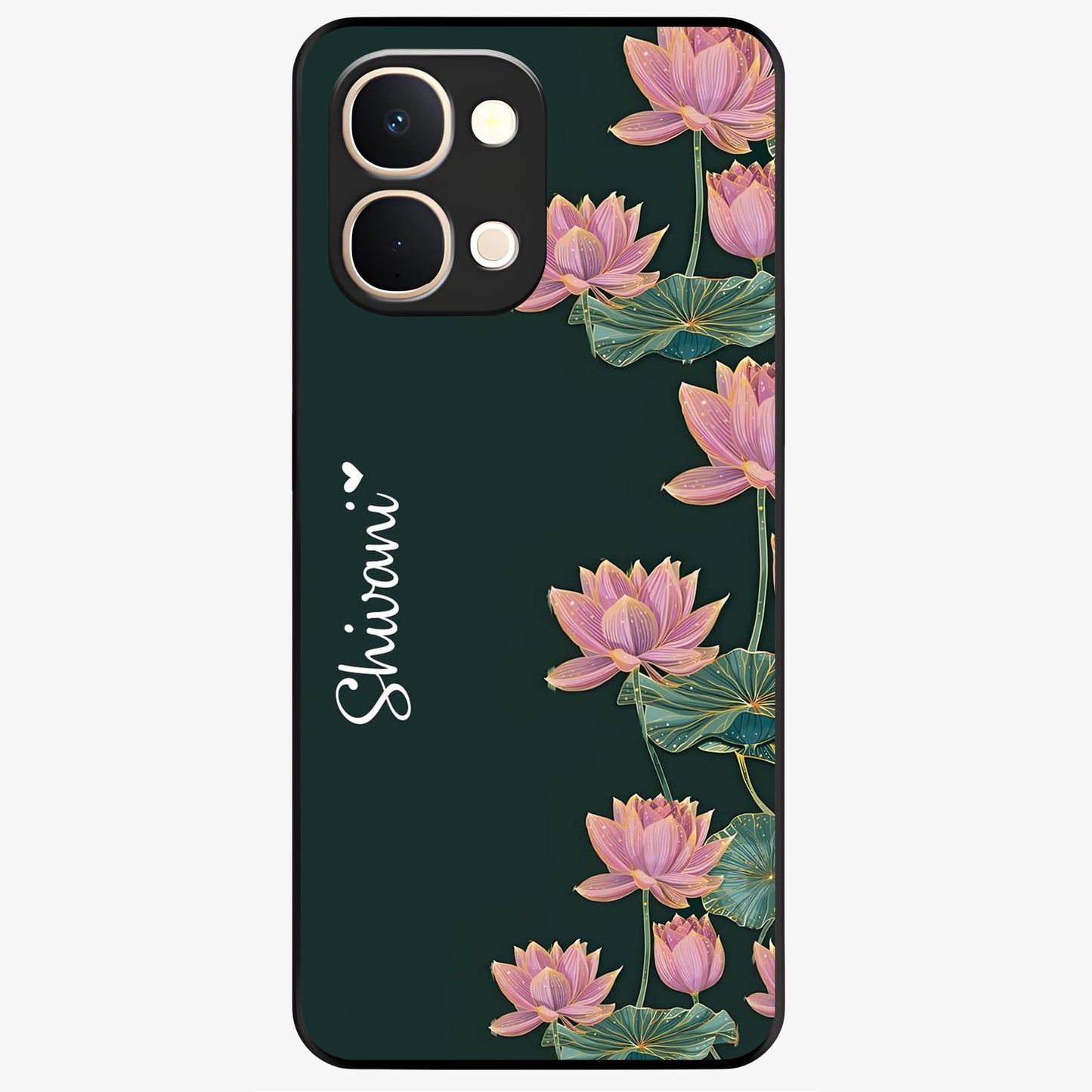 Lotus Bloom Serenity Custom Name Glass Case showing flat back view with elegant lotus flower artwork and personalized name design.
