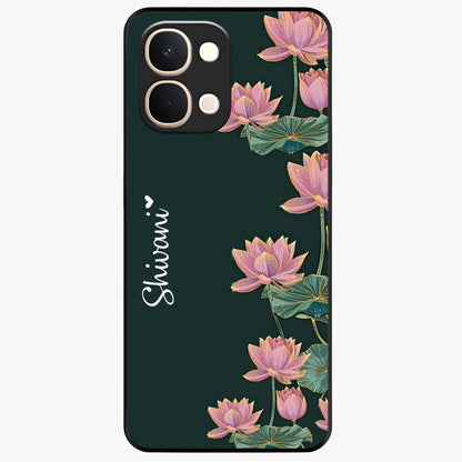 Lotus Bloom Serenity Custom Name Glass Case showing flat back view with elegant lotus flower artwork and personalized name design.