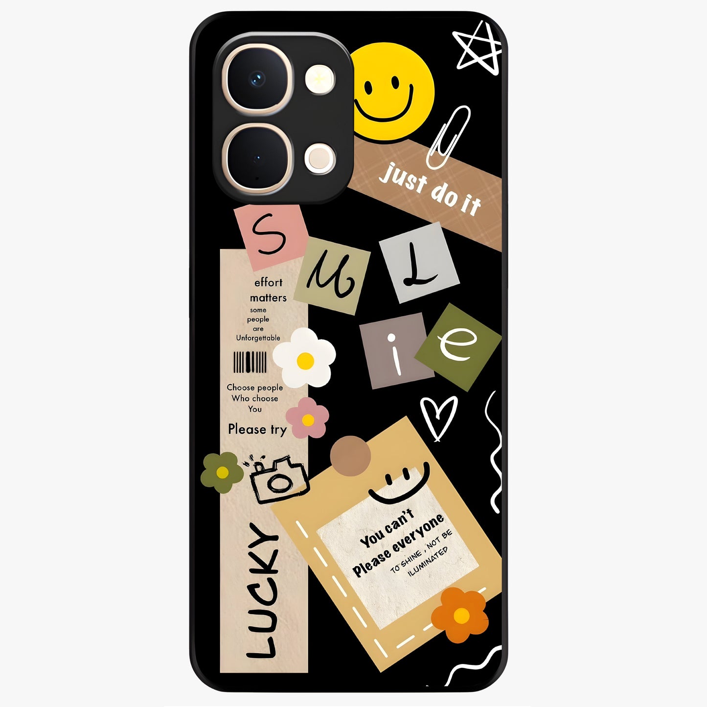 Lucky Aesthetic Collage Glass Case showing flat back view with trendy aesthetic collage artwork and glossy glass finish.